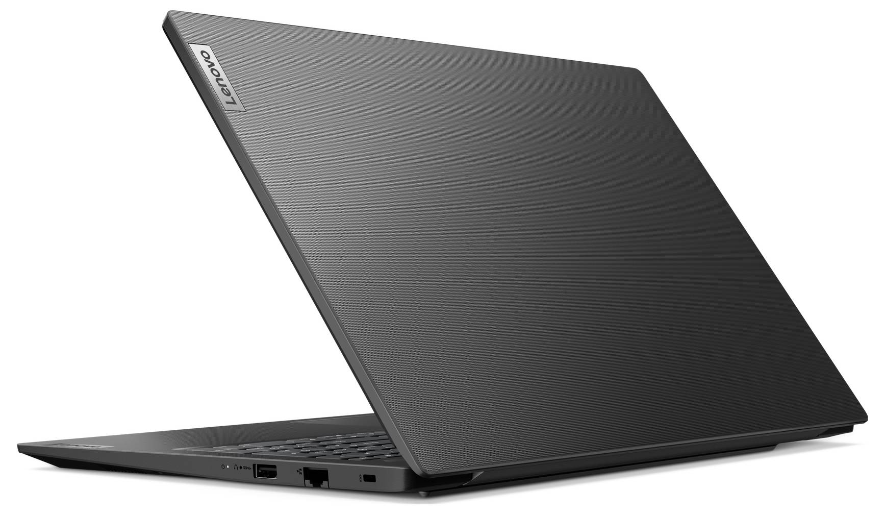 Schwarzer Lenovo-Laptop, teilweise geöffnet, auf weißem Hintergrund, von der Seite betrachtet.