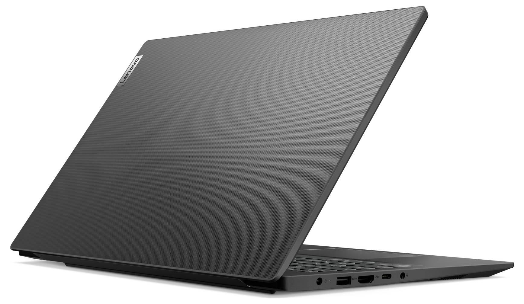 Geschlossenes dunkelgraues Laptop, von der Seite gezeigt, mit teilweise geöffnetem Deckel, das Anschlüsse entlang der Kante zeigt.