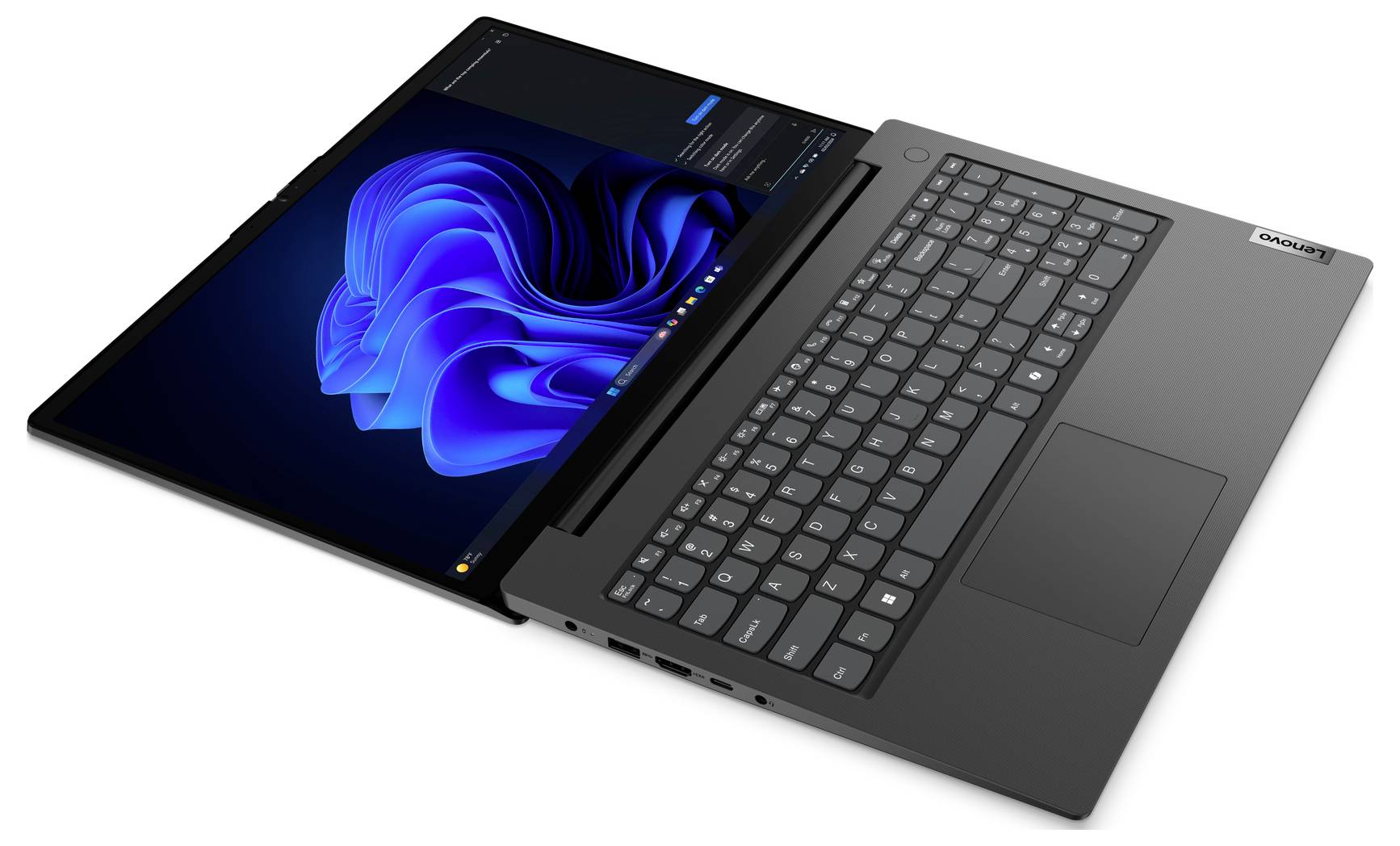 Laptop mit dunkelgrauer Tastatur und blauem abstraktem Hintergrundbild auf dem Bildschirm, in einem Winkel auf weißem Hintergrund gezeigt.
