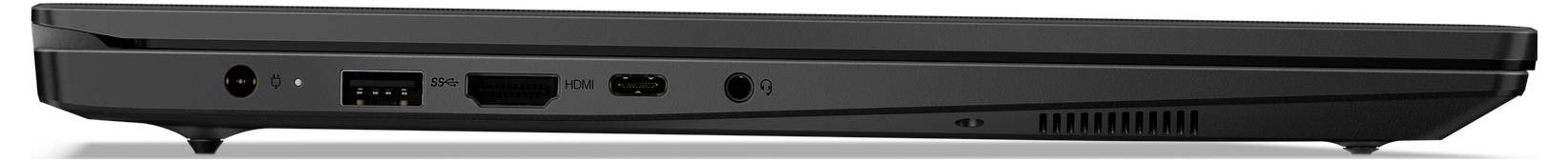 Seitenansicht eines geschlossenen schwarzen Laptops in flacher Lage, die das dünne Profil mit Anschlüssen und Lüftungsöffnungen an der Kante zeigt.