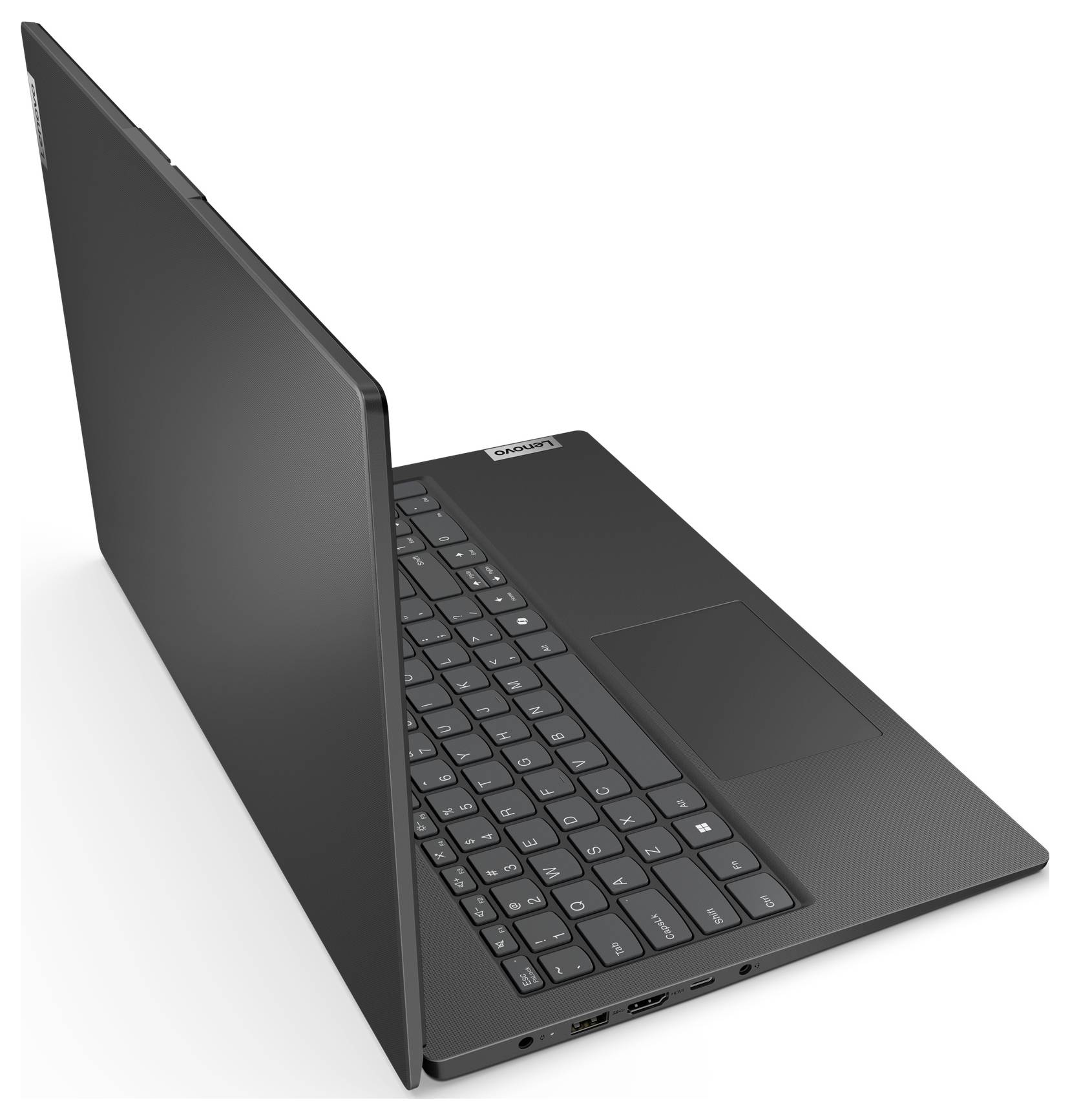 Schwarzer Laptop in einem Winkel geöffnet, zeigt Tastatur, Touchpad und Seitenports auf einfachem weißem Hintergrund.