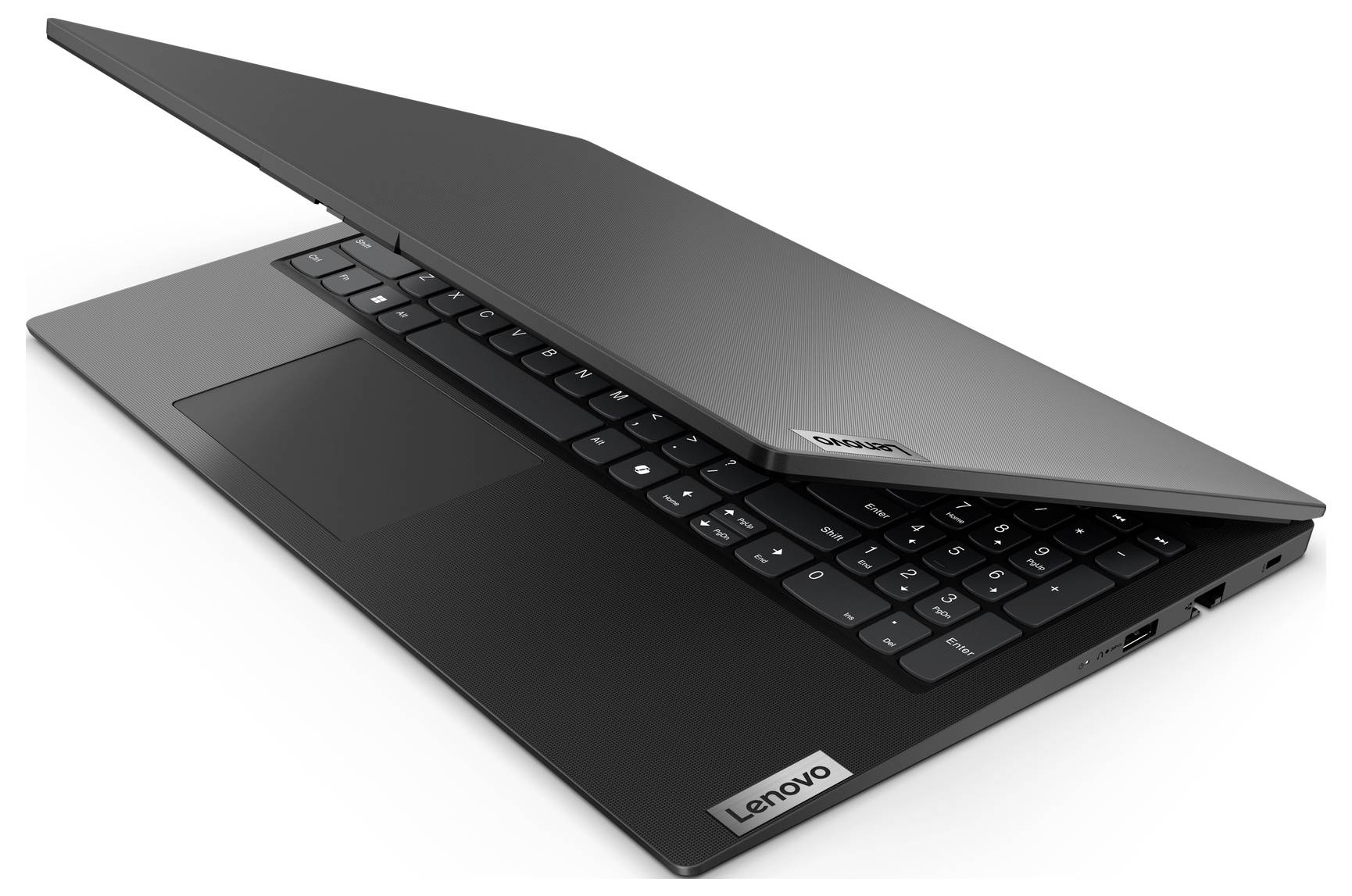 Teilweise geöffneter Lenovo-Laptop auf weißem Hintergrund, mit sichtbarer Tastatur.