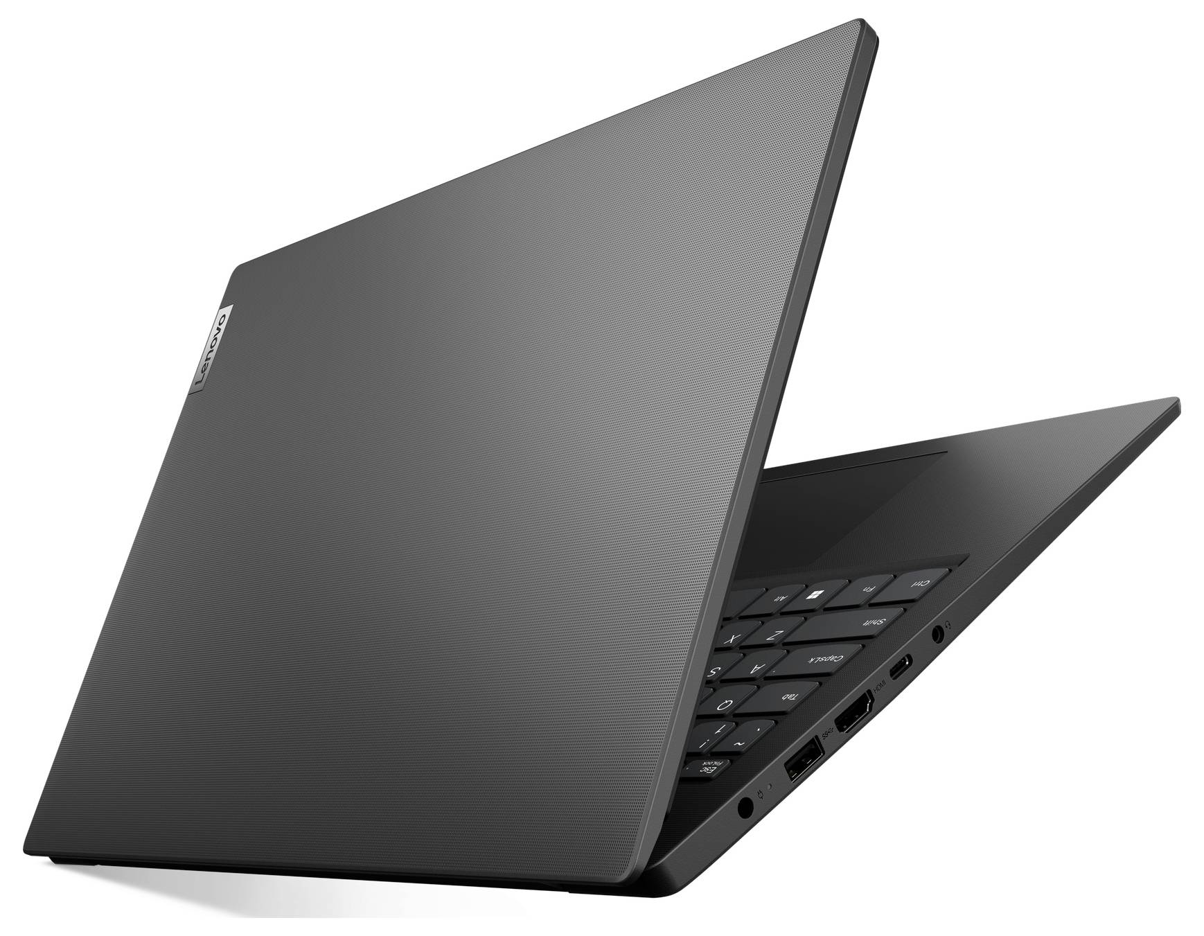 Offener schwarzer Laptop, teilweise geschlossen, mit Blick auf die Tastatur und seitliche Anschlüsse auf weißem Hintergrund.