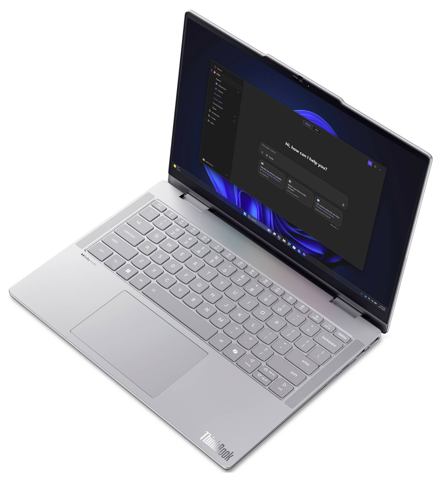 Silberner Lenovo-Laptop mit geöffnetem Bildschirm, der eine dunkle Setup-/Einstellungsschnittstelle auf einem blauen Windows-ähnlichen Desktop zeigt.