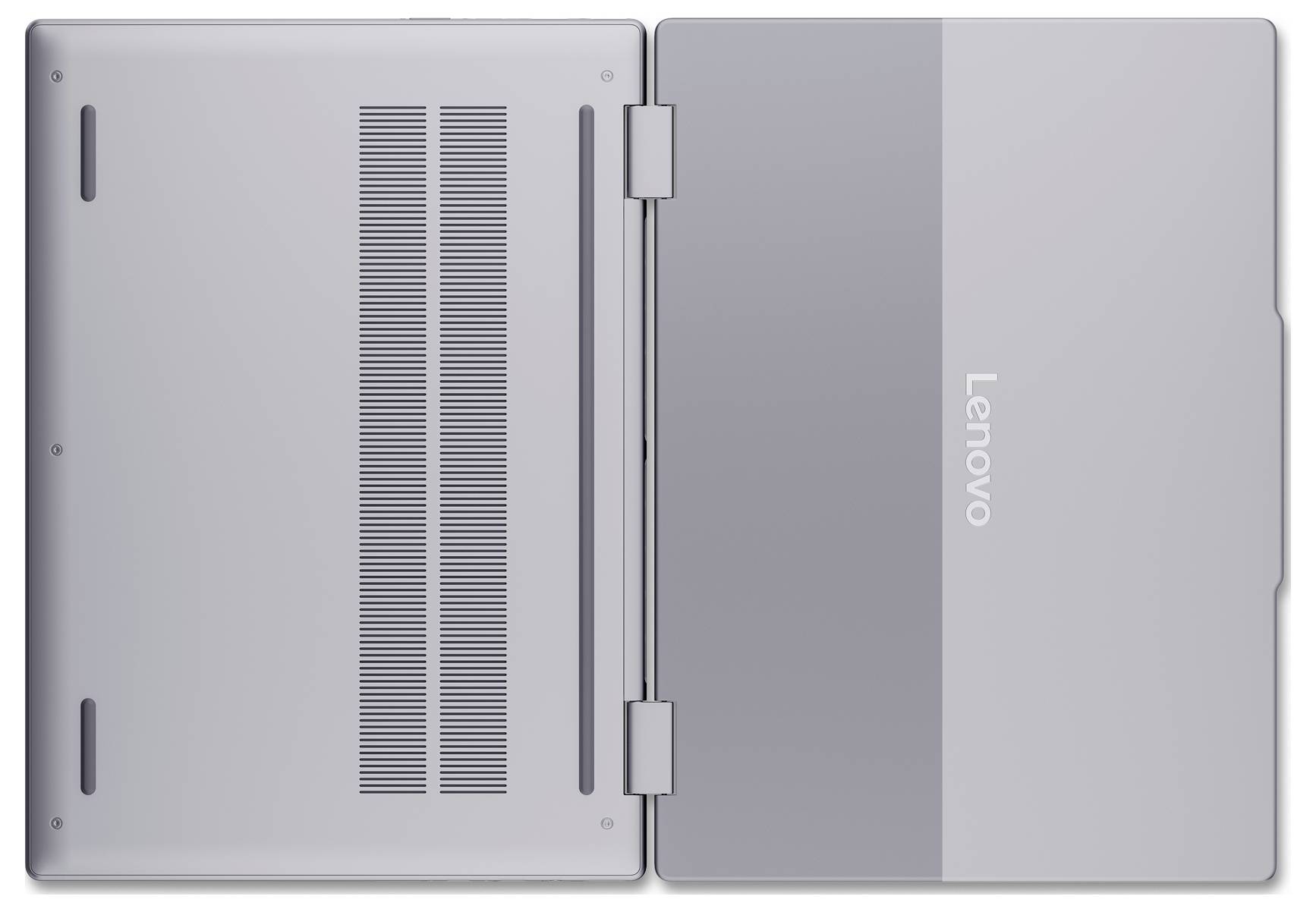 Draufsicht auf einen silbernen Lenovo-Laptop im Tablet-Modus, flach zugeklappt mit dem Scharnier in der Mitte und sichtbaren Lüftungsöffnungen auf einer Seite.