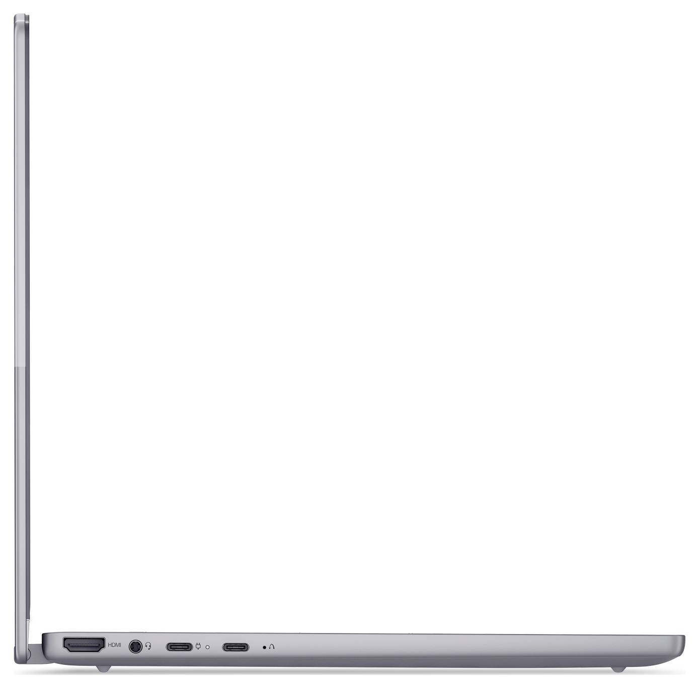 Seitenansicht eines geschlossenen silbernen Laptops mit aufrecht stehendem Deckel, der das dünne Profil und die Anschlüsse an der linken Seite der Basis zeigt.