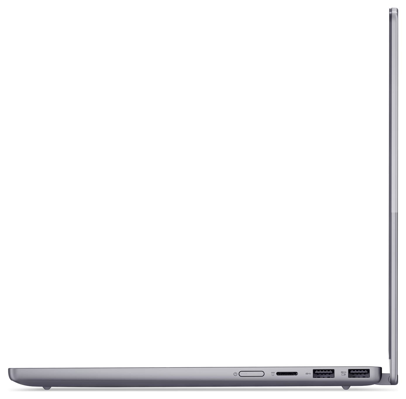 Seitenansicht eines geschlossenen silbernen Laptops, die sein schlankes Profil und das hintere Scharnier mit sichtbaren Seitenports zeigt.
