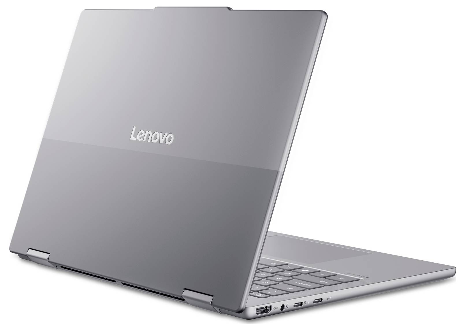 Zuklappter Lenovo-Laptop von hinten links gezeigt, silbergrau mit teilweise sichtbarer Tastatur und Anschlüssen entlang der linken Kante.