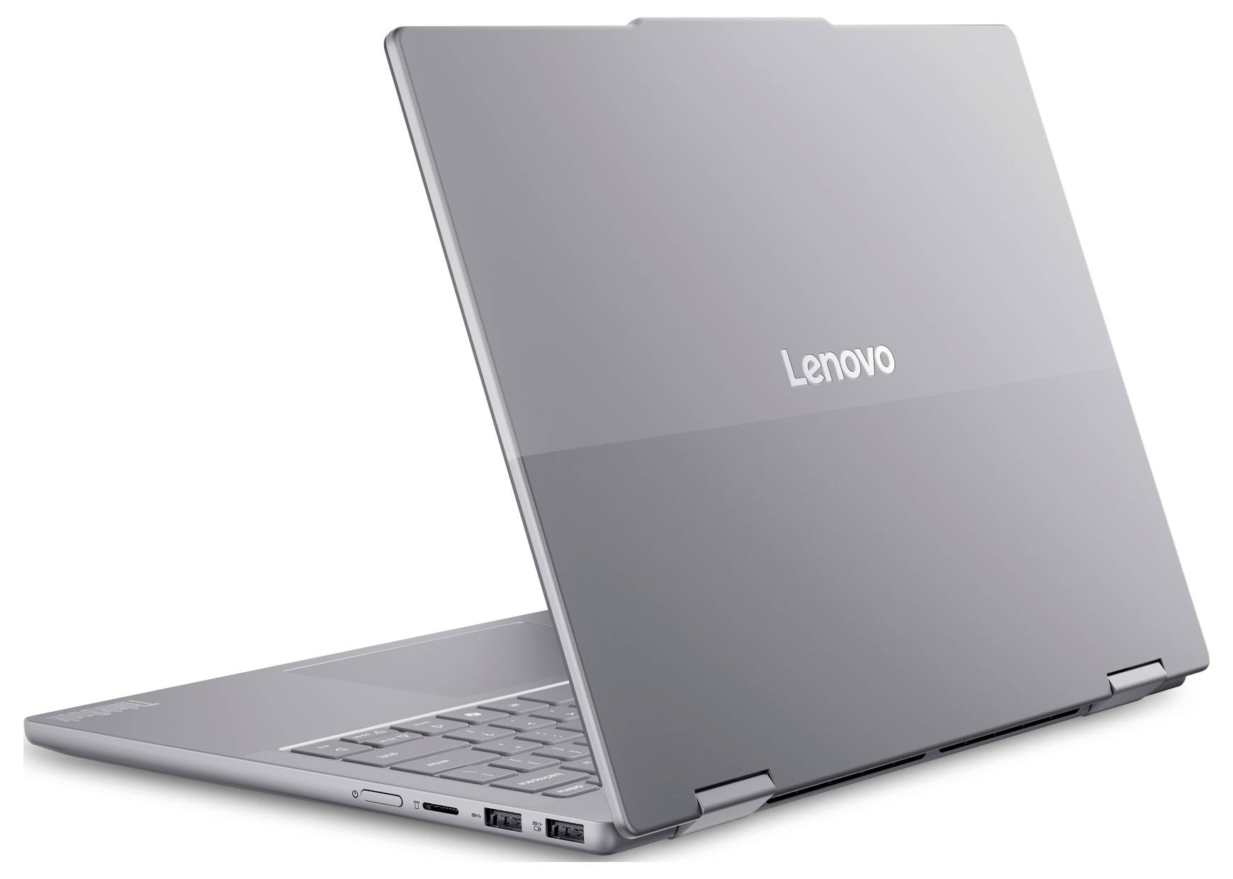 Zugeklappter Lenovo-Laptop in Seitenansicht, der das schlanke graue Design und die teilweise sichtbare Tastatur hervorhebt.