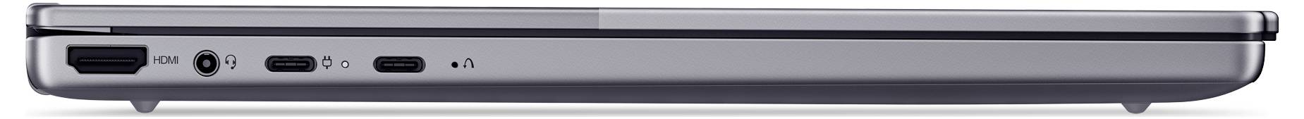 Seitenansicht eines geschlossenen silbernen Laptops, die die Vorderkante mit Anschlüssen und Anzeigelampen zeigt.