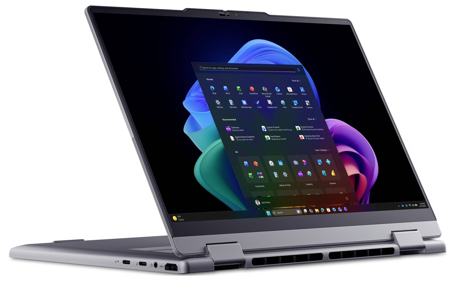 Ein silberner 2-in-1-Laptop im Zeltmodus, auf dessen Bildschirm der Windows-11-Desktop angezeigt wird.
