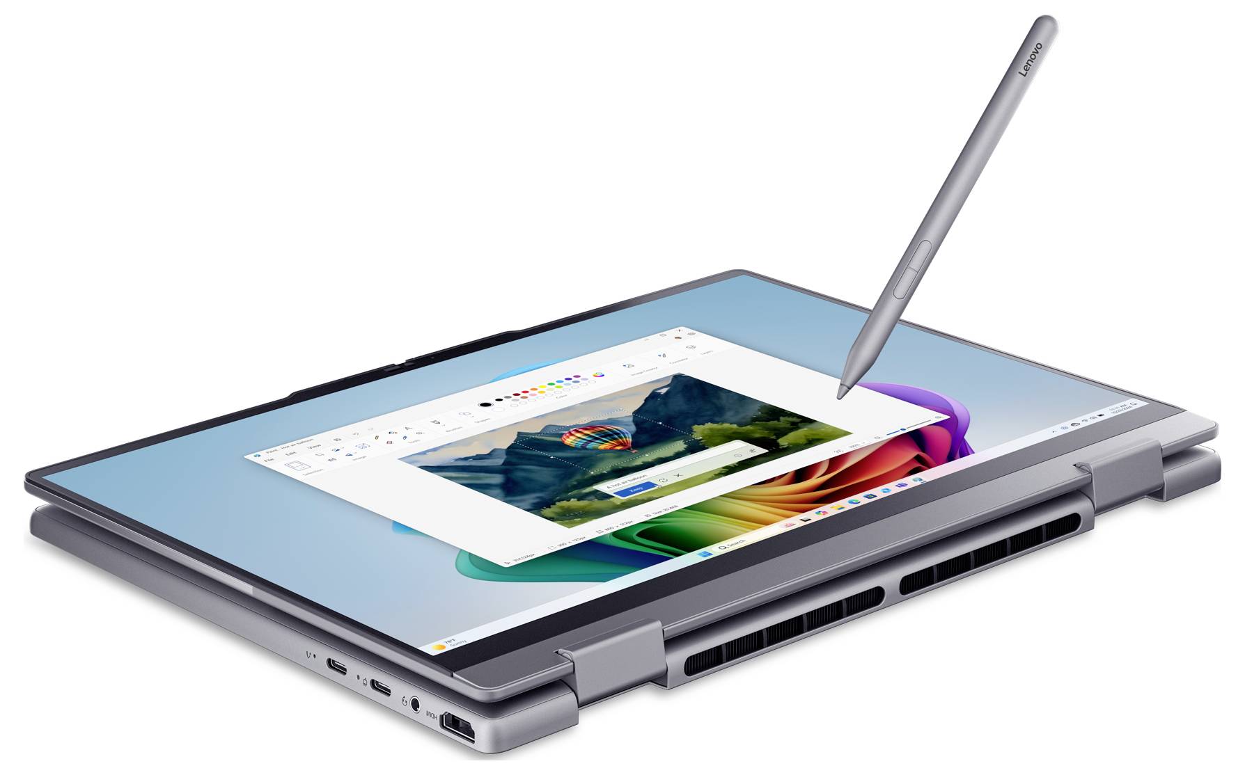 Ein 2-in-1-Laptop im Tablet-Modus mit einem Stift, der über dem Touchscreen schwebt und eine Design- oder Bildbearbeitungs-App anzeigt.