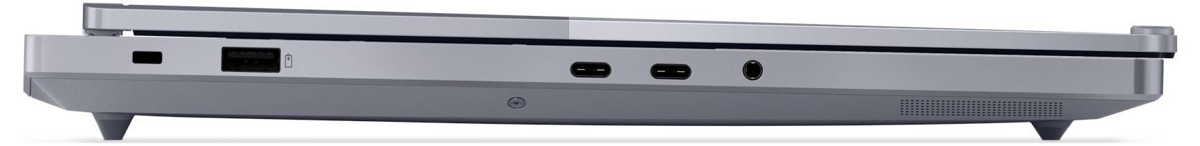 Seitenansicht eines geschlossenen silbernen Laptops, die die Vorderkante mit Anschlüssen zeigt, einschließlich USB-C und HDMI.