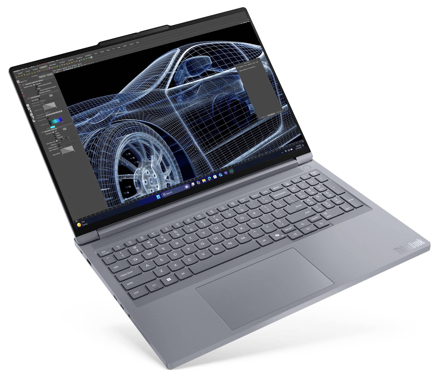 Silberner Lenovo-Laptop, auf dessen Bildschirm ein 3D-Drahtgittermodell eines Autos in CAD-Software angezeigt wird.