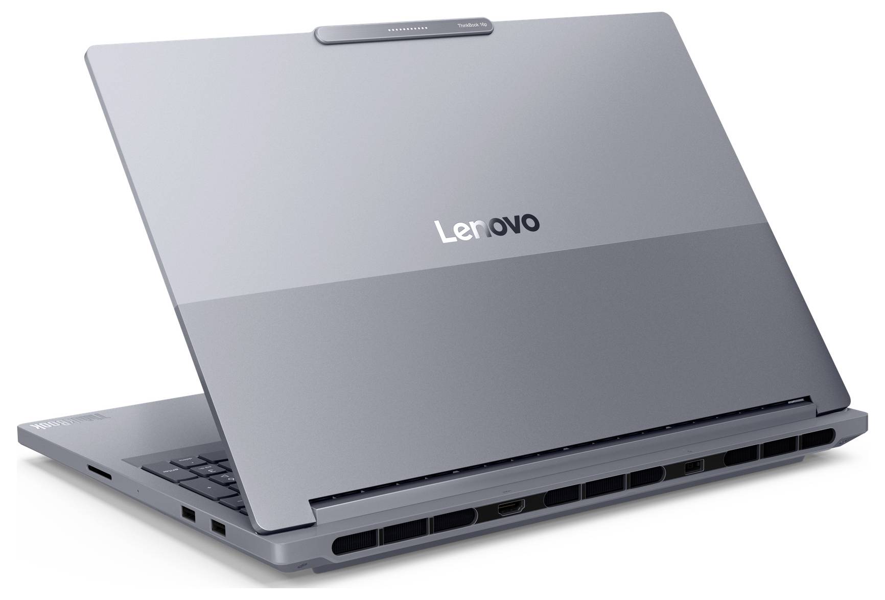 Geschlossener grauer Lenovo-Laptop, von hinten links fotografiert, auf weißem Hintergrund.
