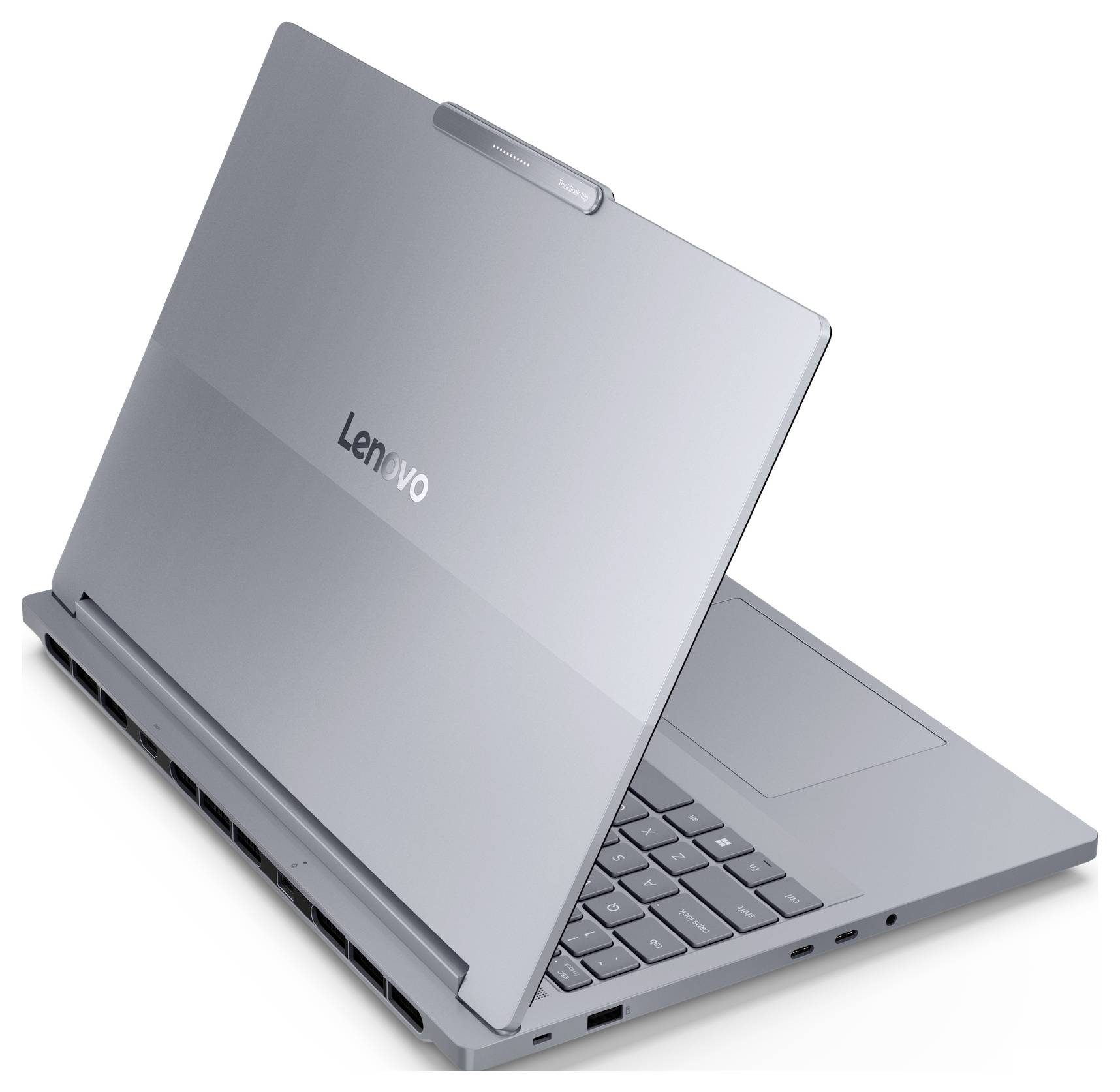 Silberner Lenovo-Laptop in einer hinteren Dreiviertelperspektive teilweise geöffnet, die Tastatur und das Trackpad zeigend.