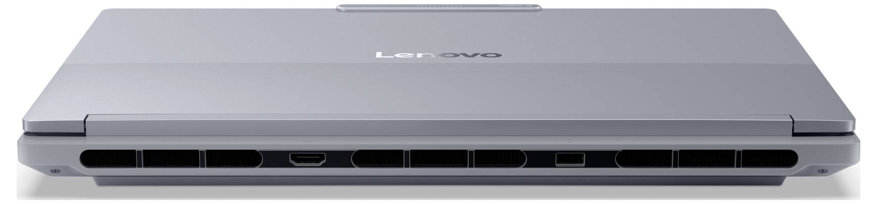 Geschlossener silberner Lenovo-Laptop, von vorne gezeigt, mit Hervorhebung des dünnen Profils und des zentrierten Lenovo-Logos.