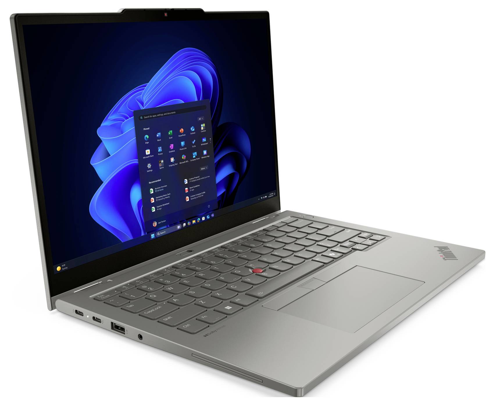 Silberner Lenovo ThinkPad Laptop, geöffnet im Winkel, mit Windows 11 Startmenü auf dem Bildschirm.