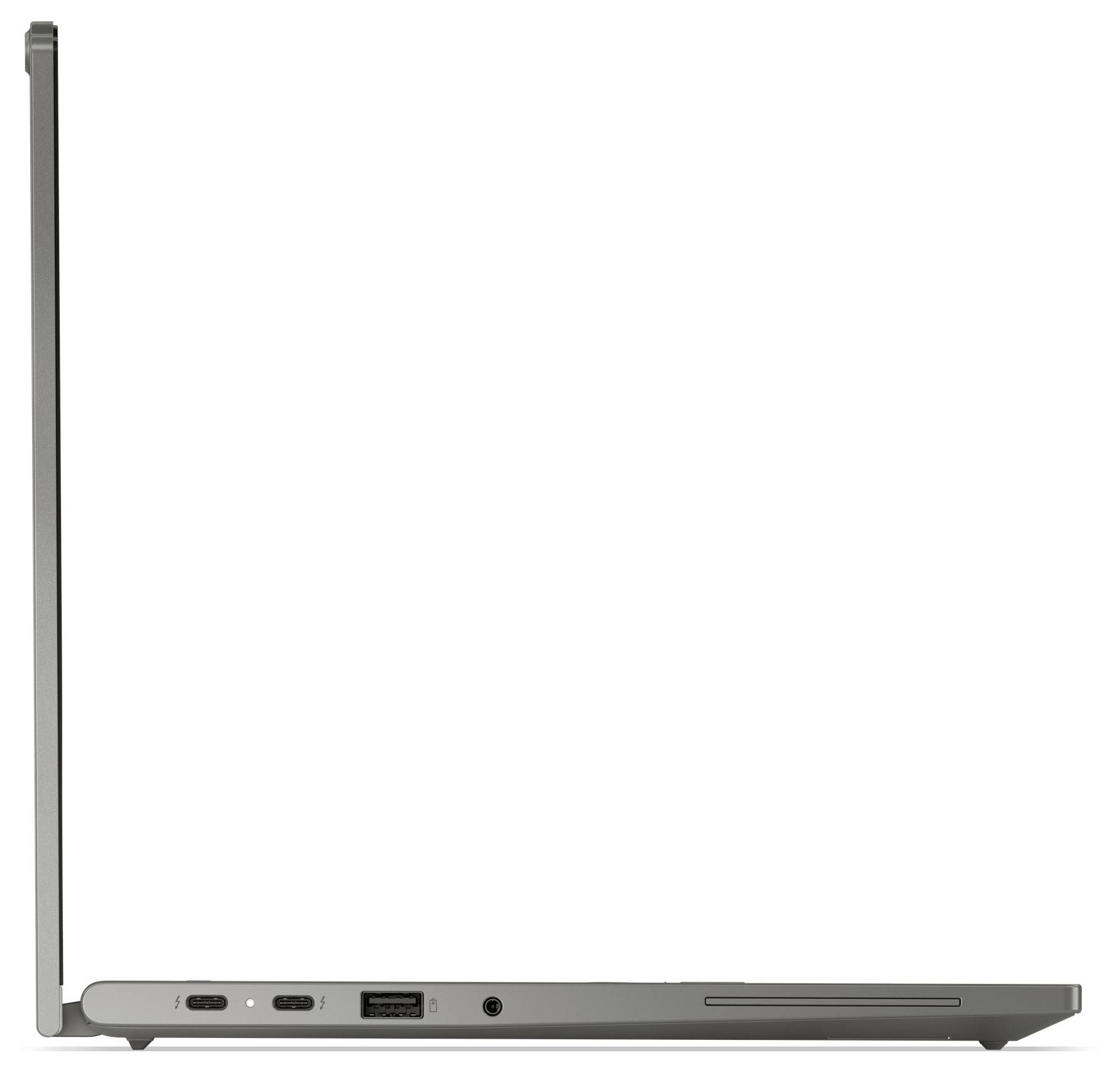Seitenansicht eines dünnen grauen Laptops, geöffnet mit sichtbarem Display-Rand, Tastaturbasis, Anschlüssen und Scharnier vor weißem Hintergrund.
