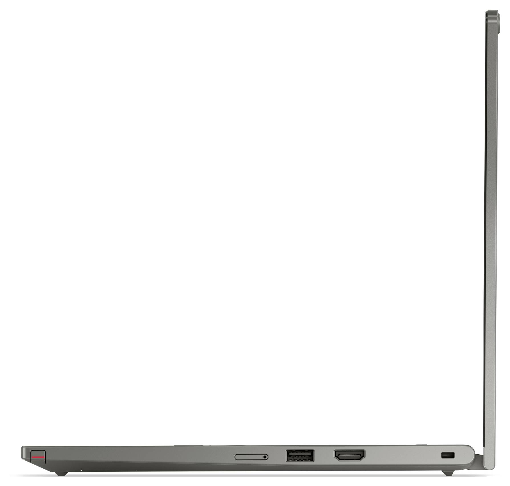 Seitenansicht eines schlanken Laptops, das seine Anschlüsse und das Scharnier vor weißem Hintergrund zeigt.