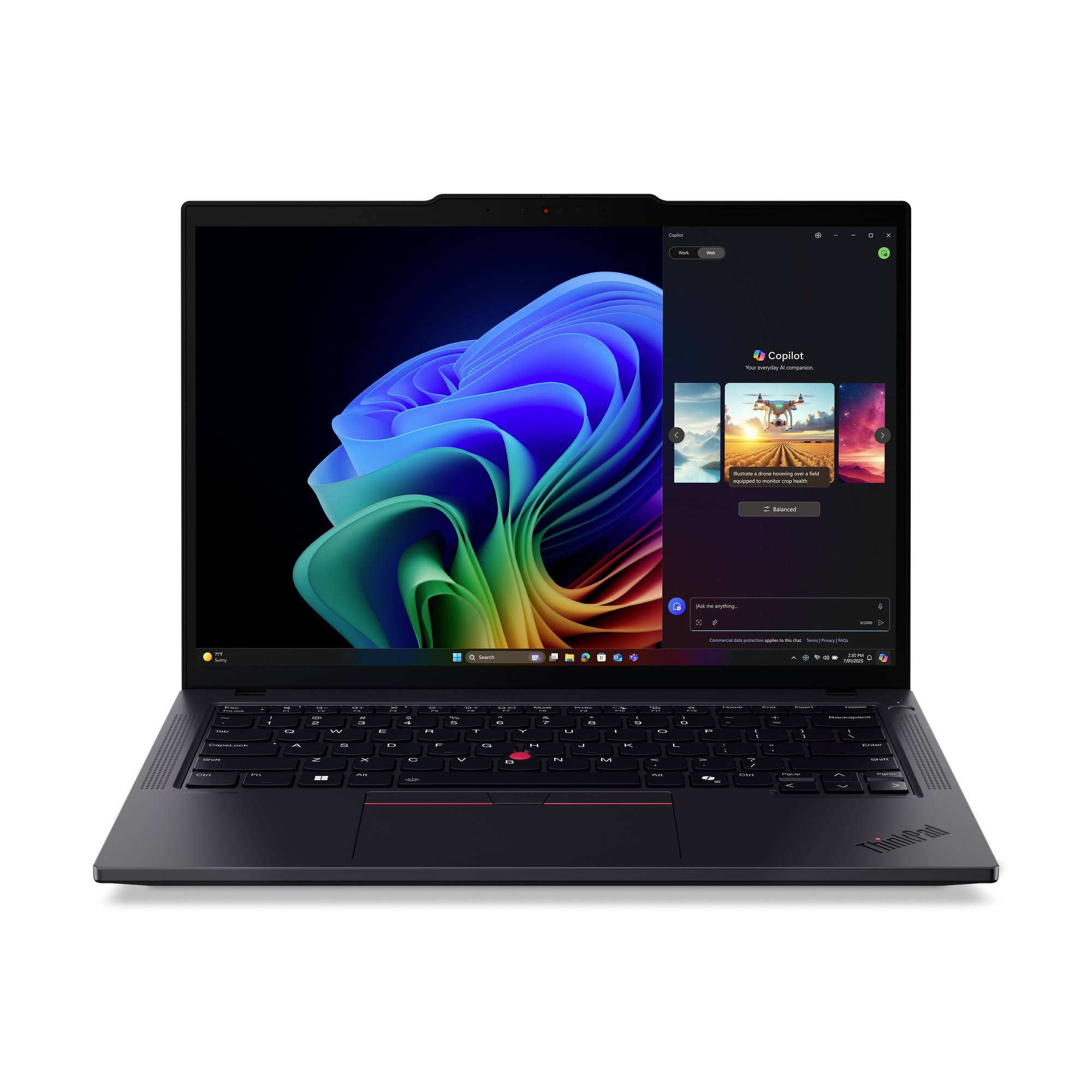 Ein schwarzer Lenovo-Laptop mit Windows 11, auf dem die Copilot-App neben der farbenfrohen Standard-Wallpaper geöffnet ist.