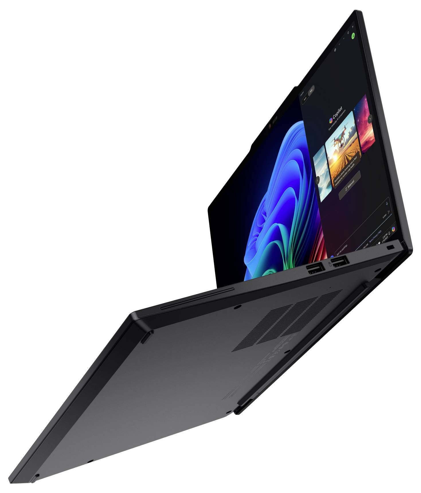 Schwarzer Lenovo-Laptop mit Windows-11-Desktop und Startmenü auf weißem Hintergrund angezeigt.