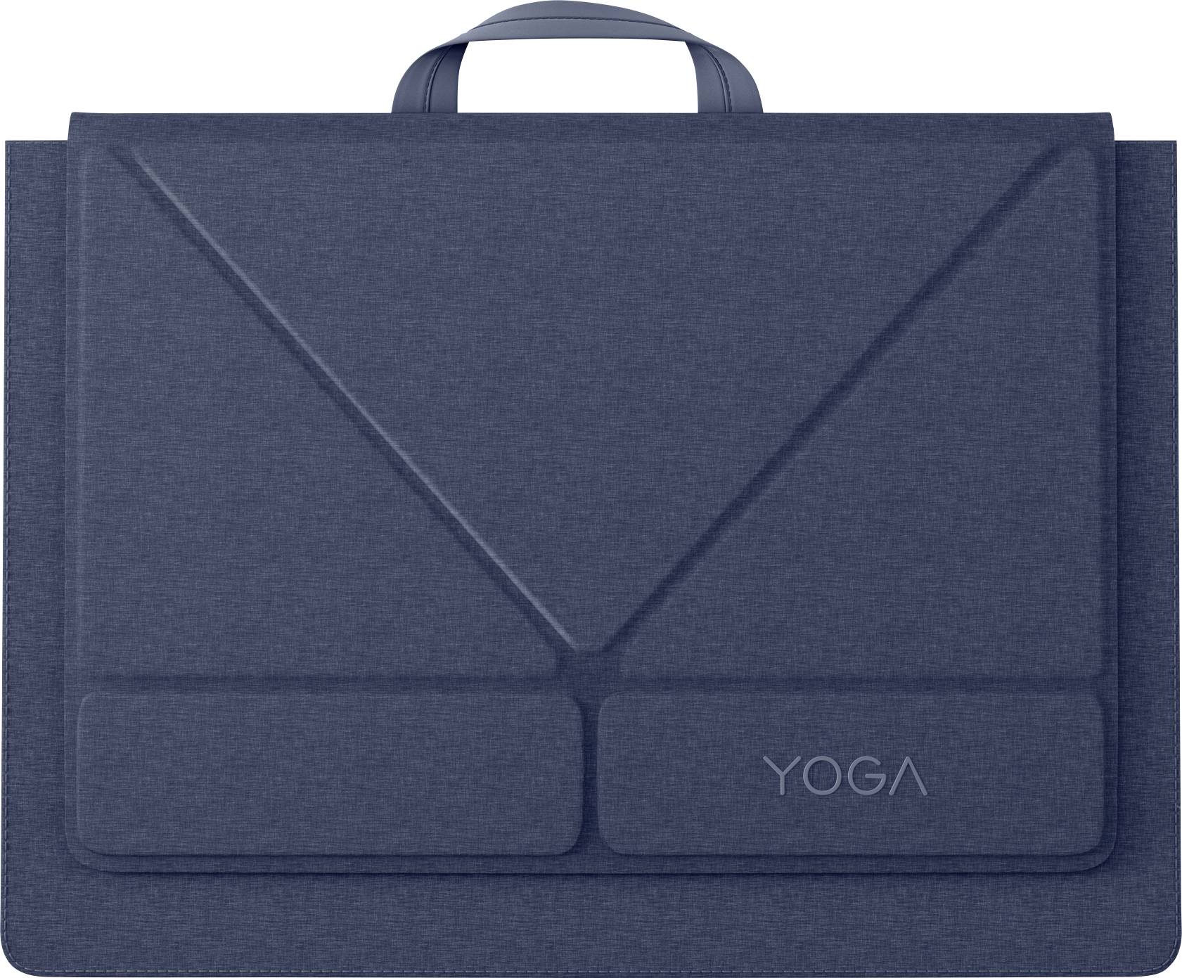 Blaue Stoff-Laptoptasche oder Aktenmappe mit Tragegriff oben und vorderen Klapptaschen, mit der Aufschrift 