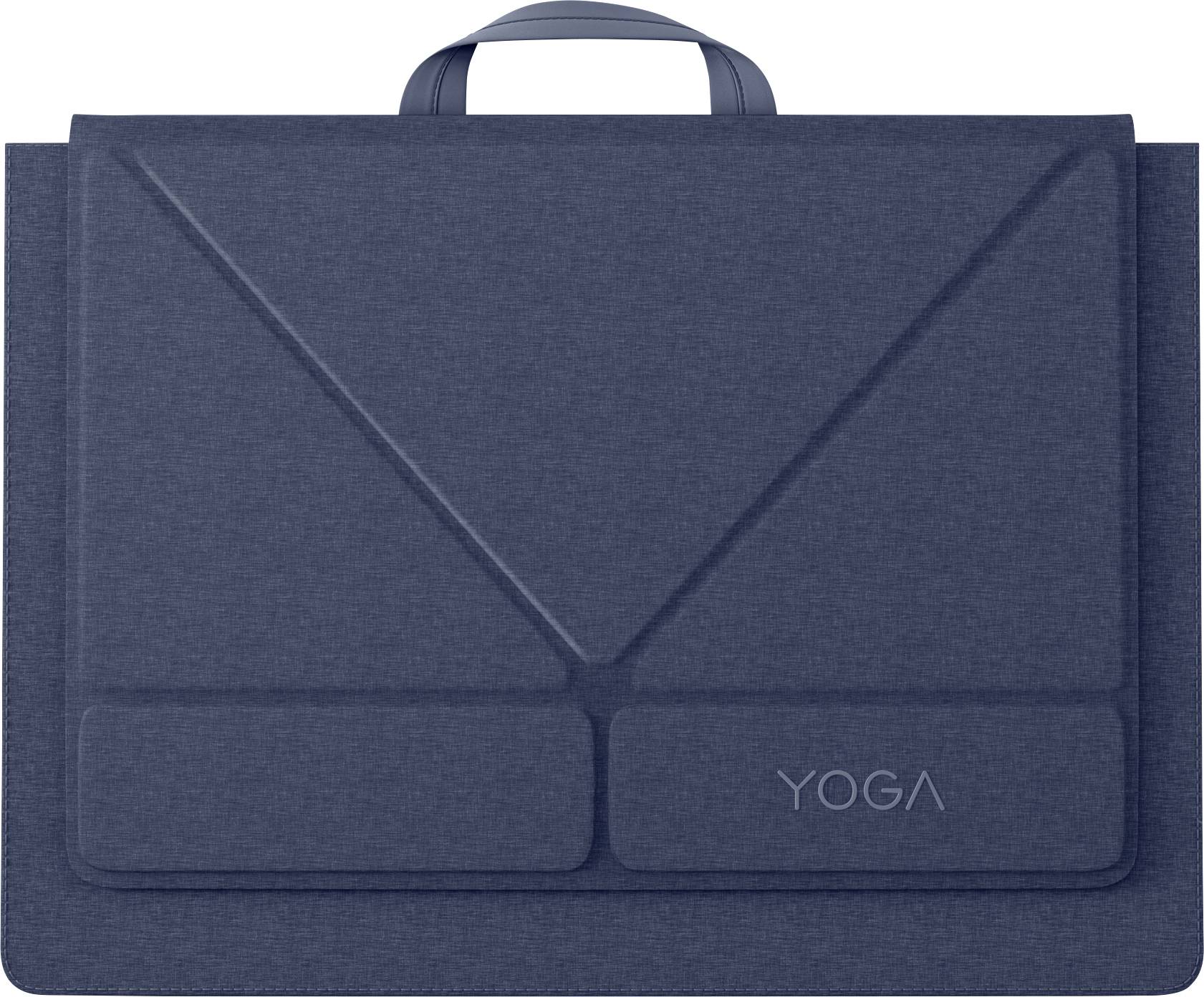 Blaue Laptop-Tragetasche mit Tragegriff oben, Frontklappe und zwei vorderen Taschen, eine mit der Aufschrift „YOGA