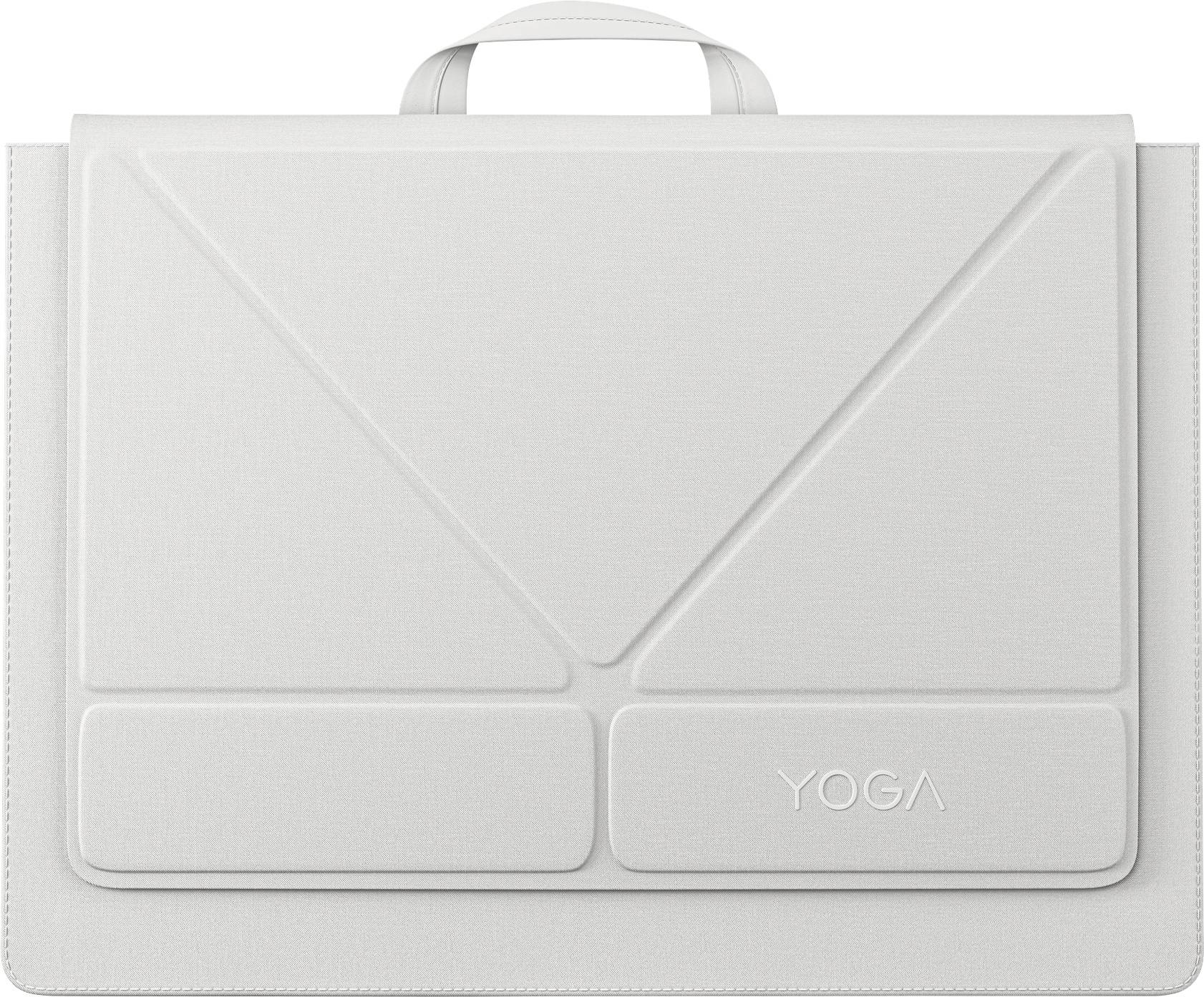 Weiße Yoga-Laptop-Schutzhülle oder Tasche mit Griff und gestepptem geometrischem Vorderpaneel, geschlossen vor neutralem Hintergrund gezeigt.