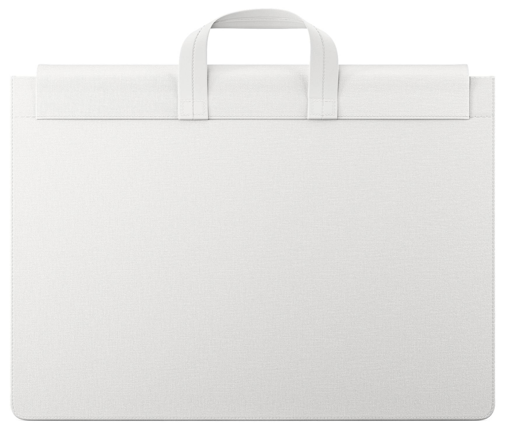Weiße weiche Aktentasche oder Laptoptasche mit oberem Griff, Vorderansicht auf neutralem Hintergrund dargestellt.