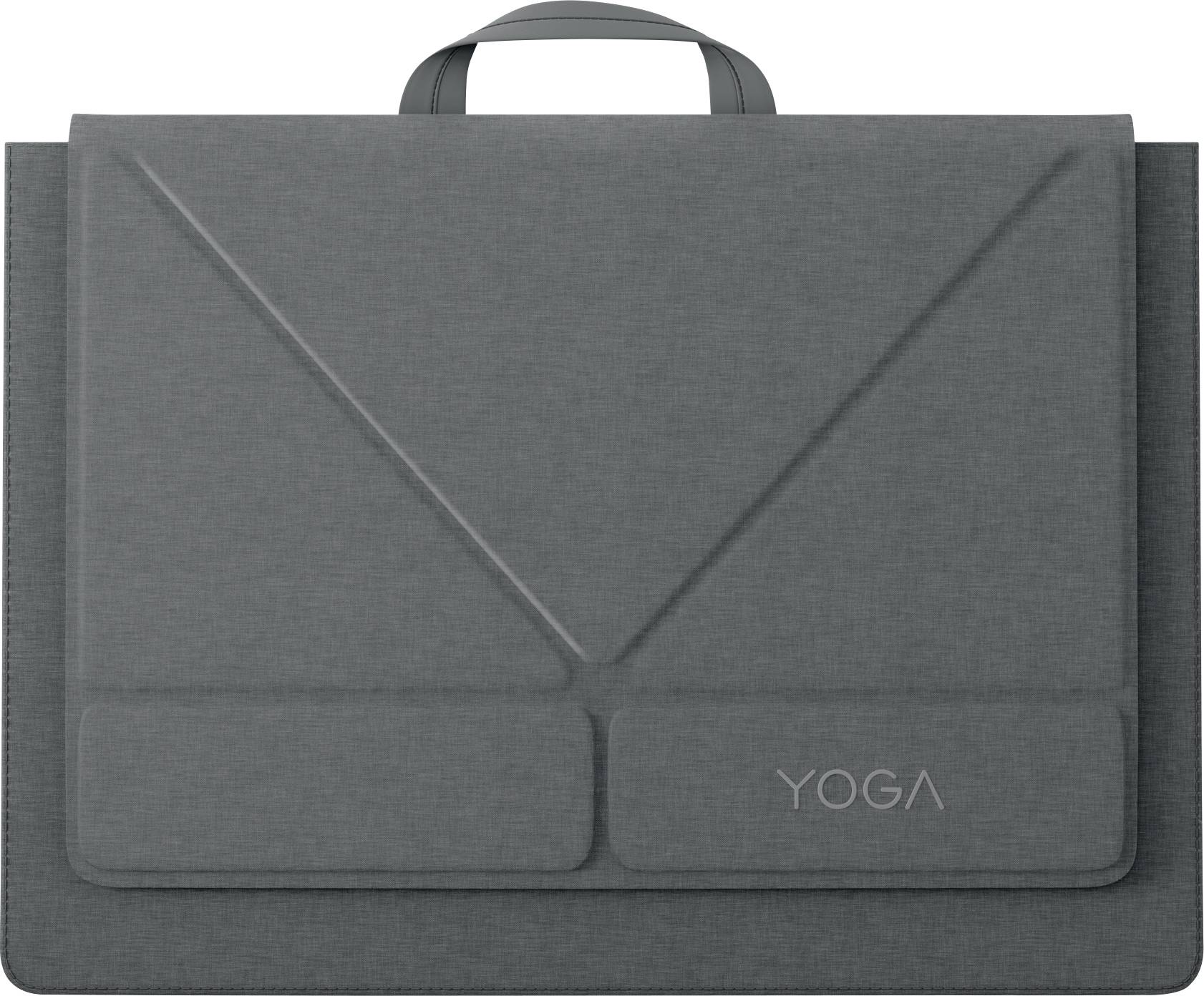 Graue Yogamattentasche mit Griff und vorderen Klappentaschen, beschriftet mit 