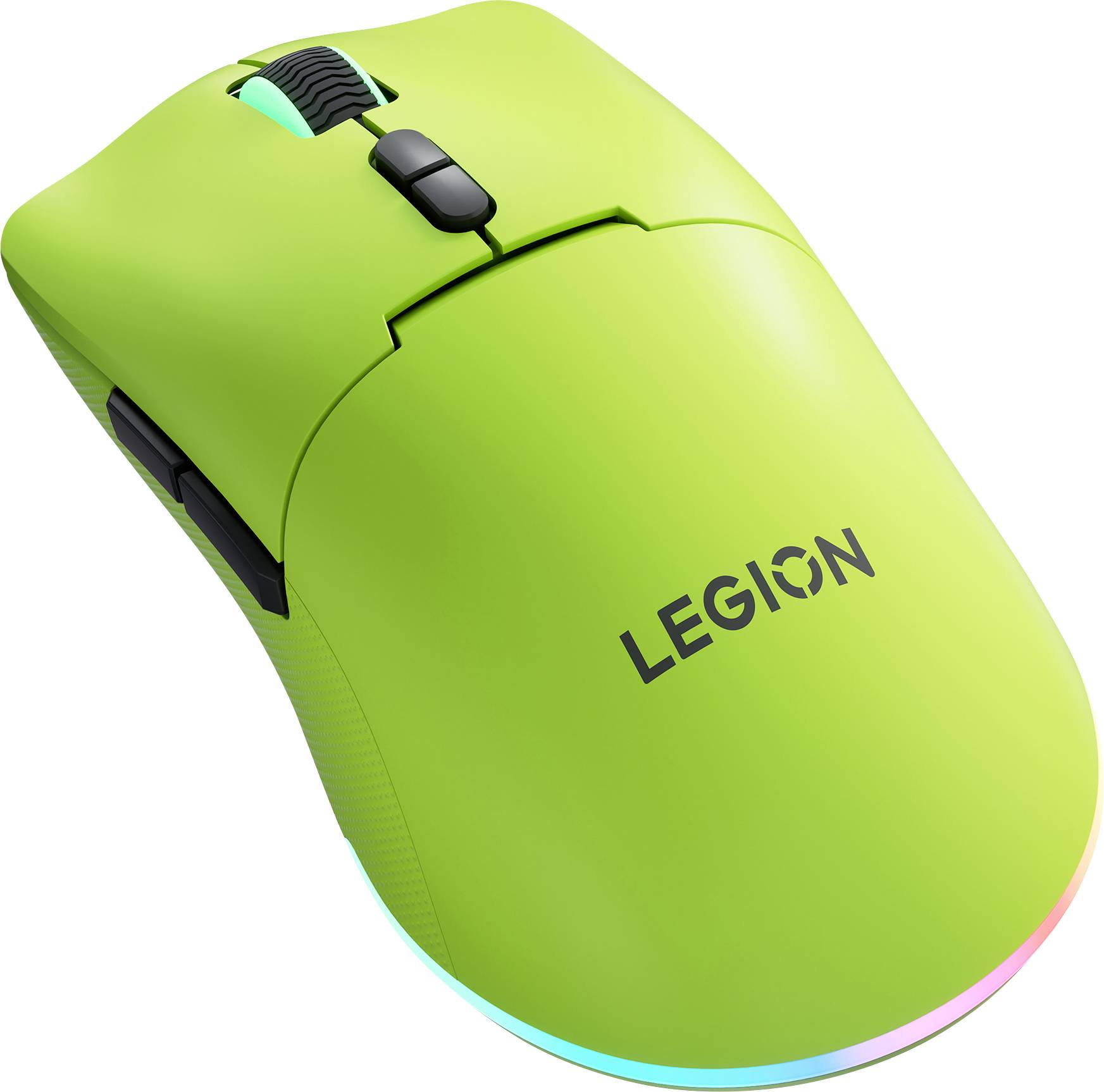 Hellgrüne Legion-Gamingmaus mit schwarzem Scrollrad und Seitentasten, dargestellt auf weißem Hintergrund mit subtiler RGB-Beleuchtung entlang der unteren Kante.