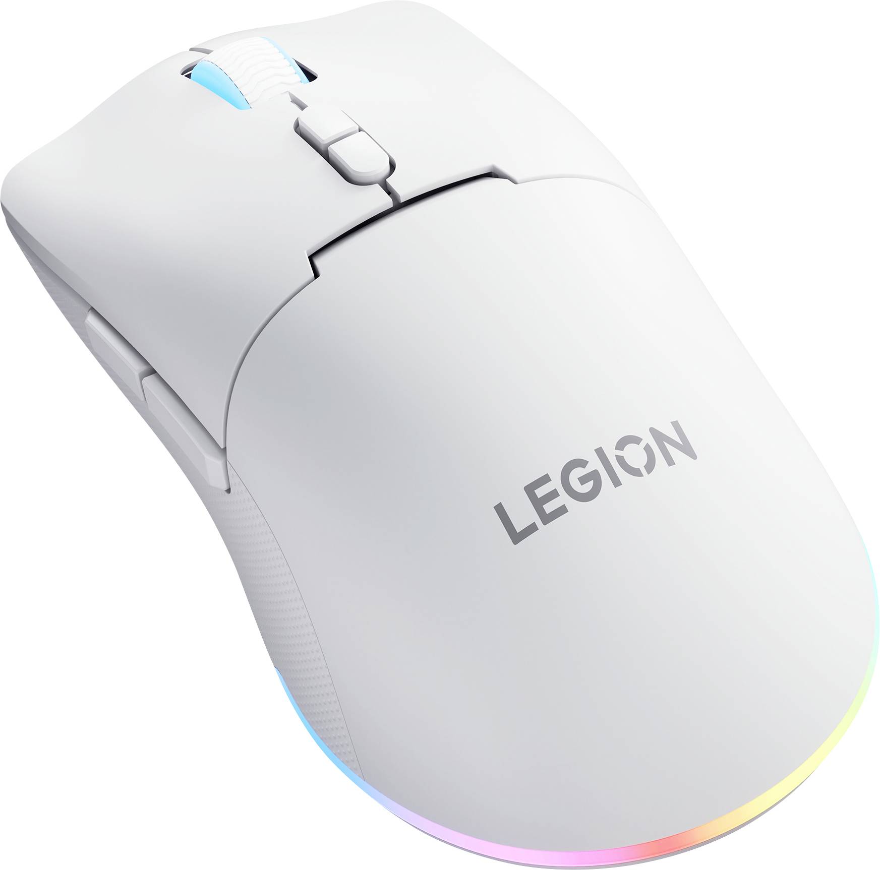 Drahtlose Gaming-Maus der White Legion mit RGB-beleuchteter Basis und Scrollrad auf einfachem Hintergrund.