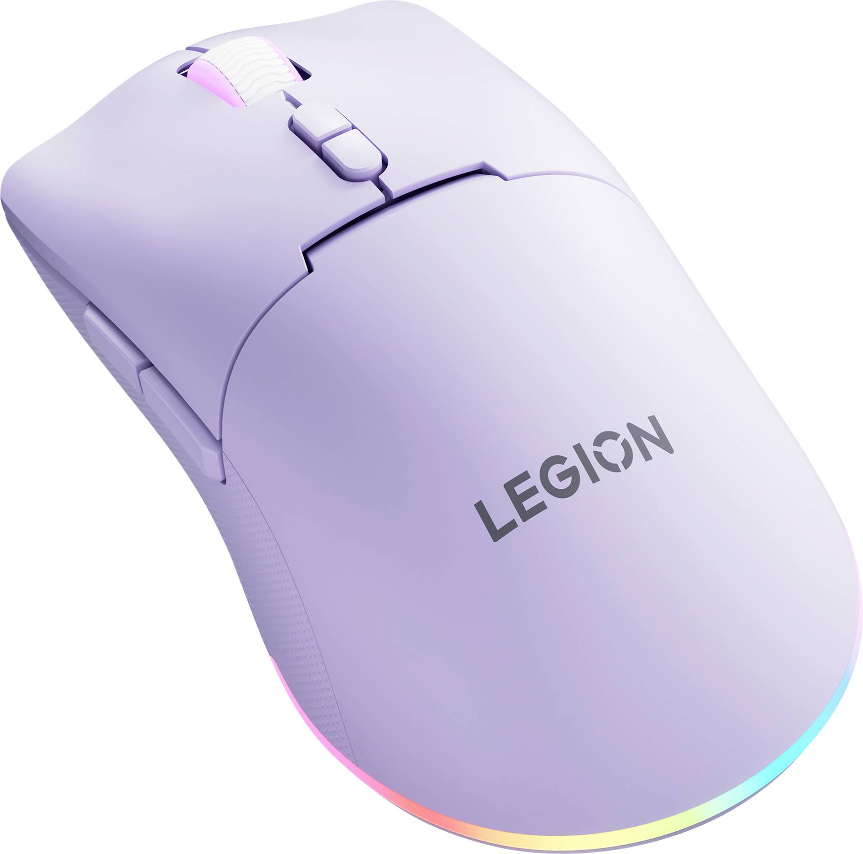 Lavender Legion Gaming-Maus mit RGB-Lichtstreifen und Scroll-Rad, auf weißem Hintergrund dargestellt.