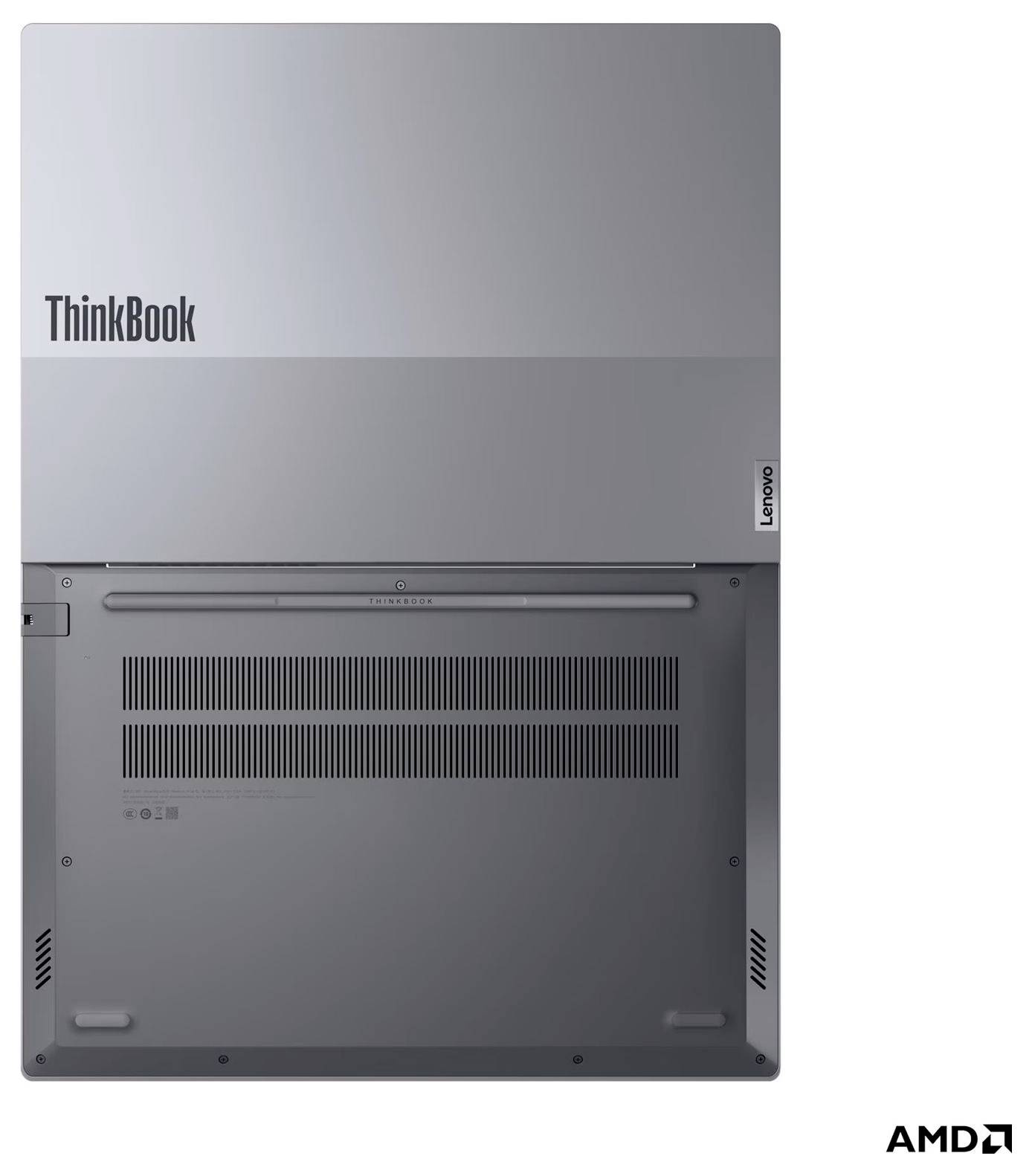 Rückansicht eines Lenovo ThinkBook Laptops in Grau, zeigt Belüftungsöffnungen, Anschlüsse und Lenovo- sowie AMD-Branding.