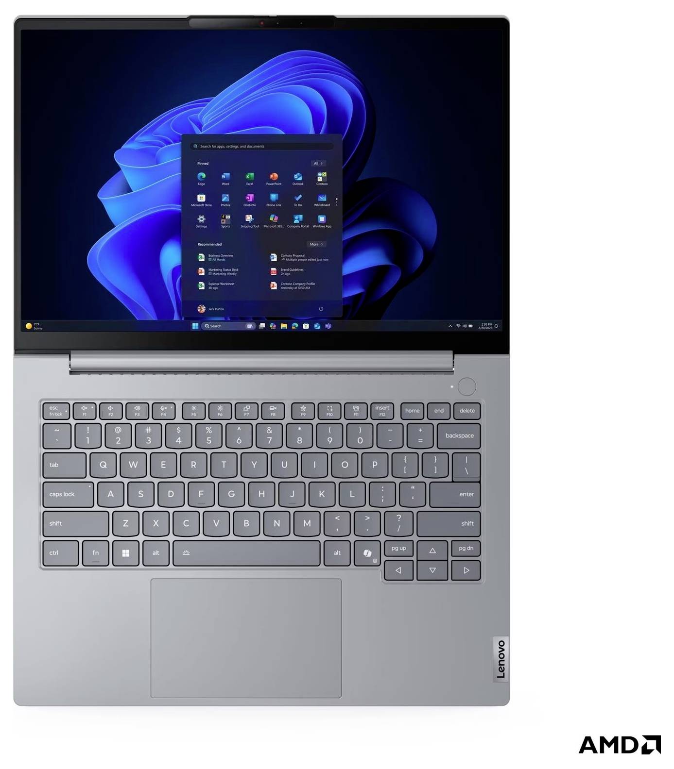 Draufsicht auf einen Lenovo-Laptop mit geöffnetem Windows 11-Startmenü auf dem Bildschirm, zeigt die Tastatur und das Touchpad.
