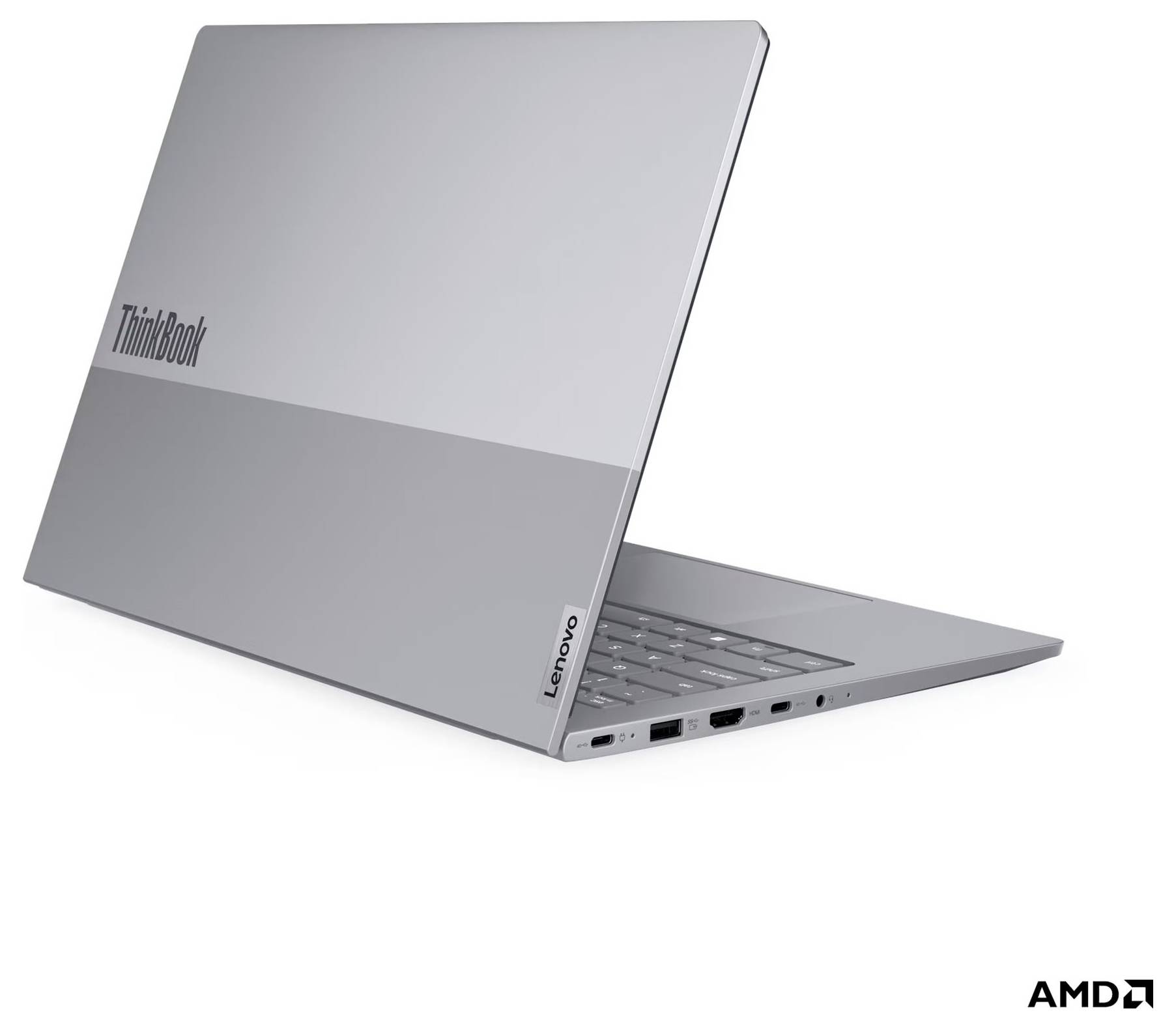 Silberner Lenovo ThinkBook Laptop, teilweise geöffnet gezeigt, mit AMD-Logo in der unteren rechten Ecke.
