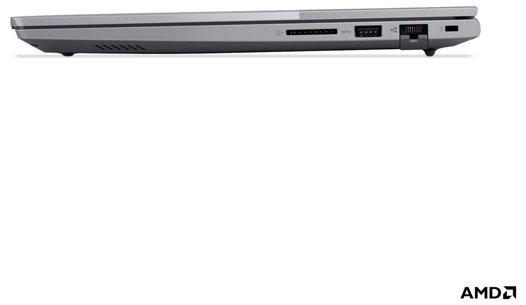 Seitenansicht eines schlanken Laptops mit sichtbaren Anschlüssen, auf weißem Hintergrund dargestellt, mit AMD-Logo unten rechts.