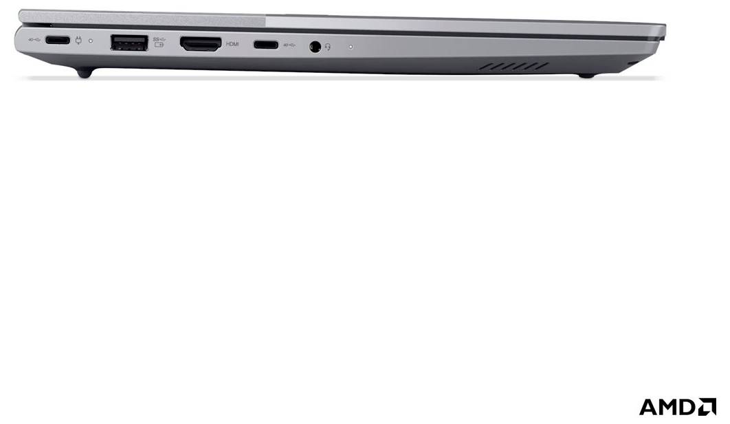 Seitenansicht eines schlanken Laptops, die seine Anschlüsse zeigt, einschließlich USB, HDMI, Audiobuchse und einem AMD-Logo.