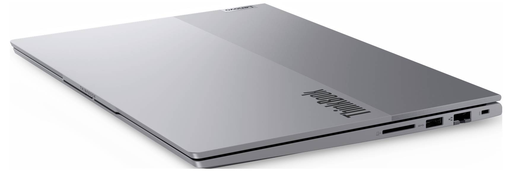 Silberner Lenovo ThinkPad-Laptop, geschlossen im Winkel auf weißem Hintergrund dargestellt.