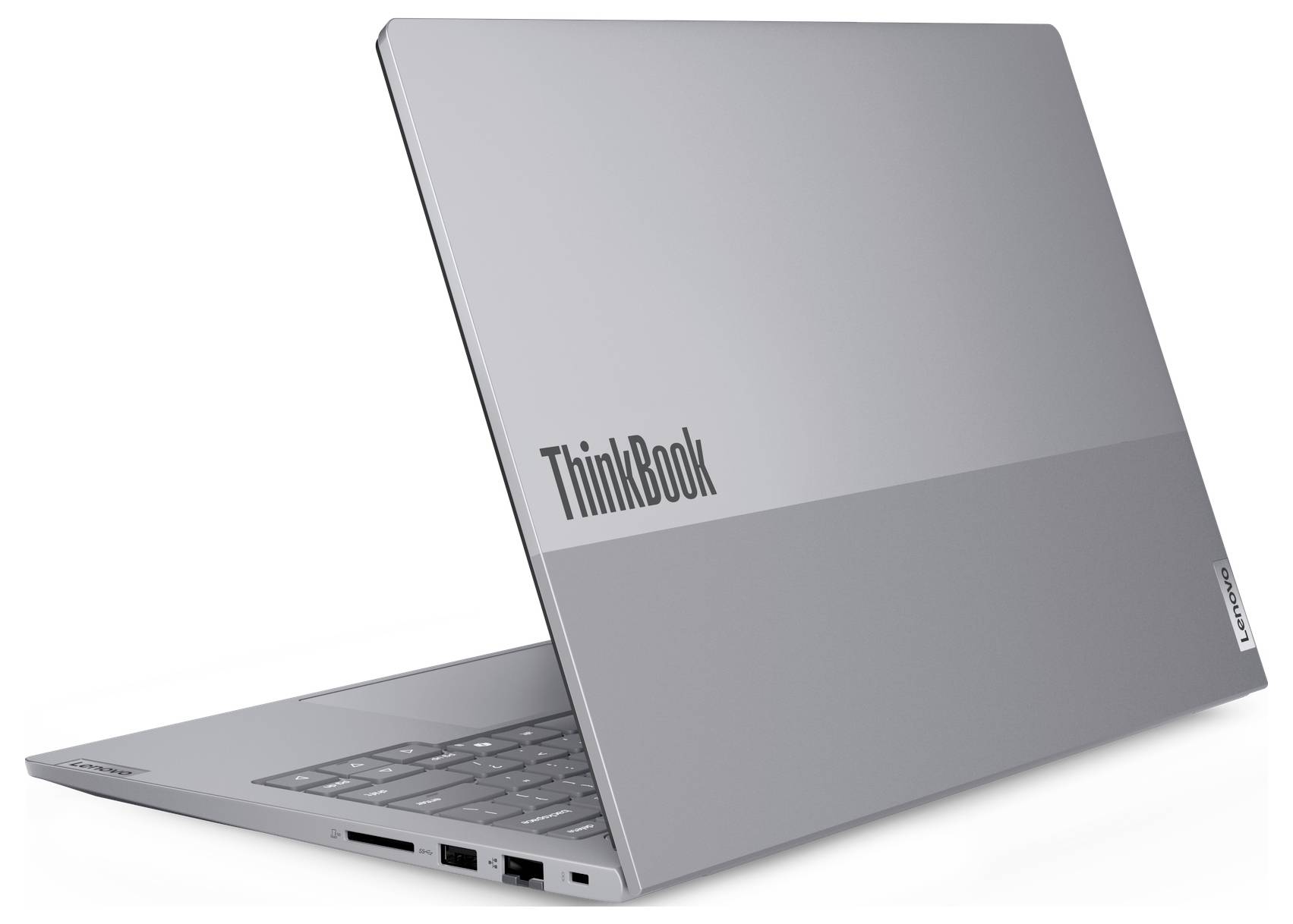 Silbernes Lenovo ThinkBook-Laptop, teilweise geöffnet auf weißem Hintergrund, mit dem ThinkBook-Logo sichtbar auf dem Deckel.
