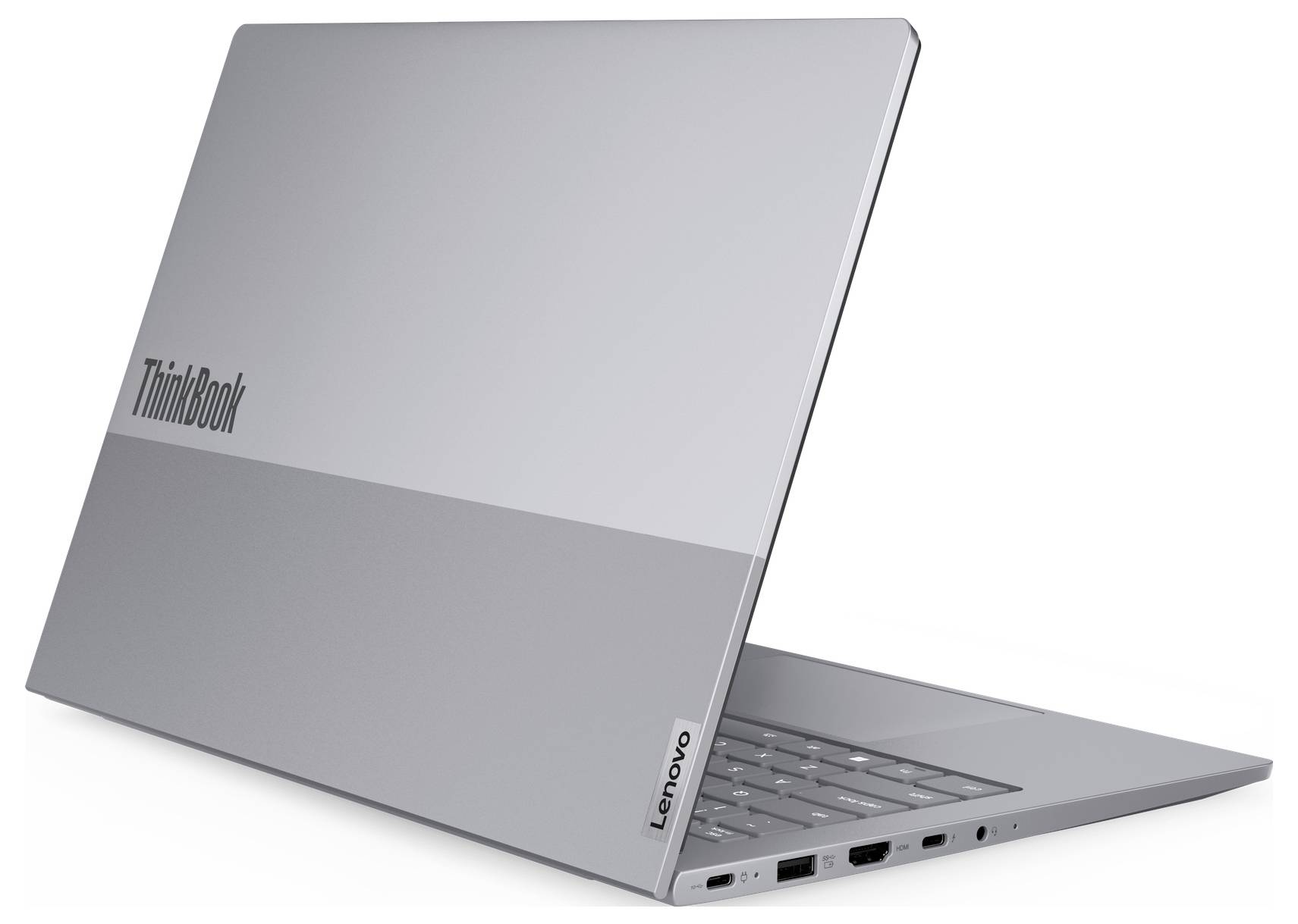 Silberner Lenovo ThinkBook-Laptop in geschlossenem Zustand unter einem Winkel gezeigt, mit ThinkBook- und Lenovo-Branding auf dem Deckel sichtbar.