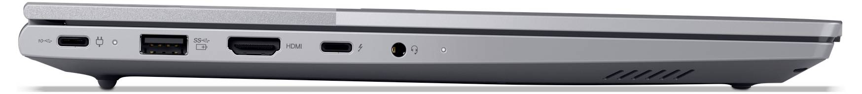 Seitenansicht der linken Kante eines Laptops mit Anschlüssen: Stromversorgung, USB-C, HDMI, USB-A und Audiobuchse.