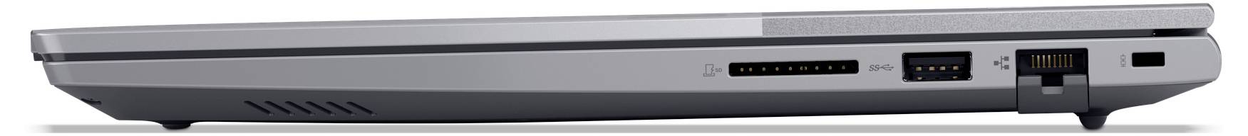Seitenansicht eines geschlossenen silbernen Laptops, die die Vorderkante mit Anzeigeleuchten, Anschlüssen und einem Kartensteckplatz zeigt.