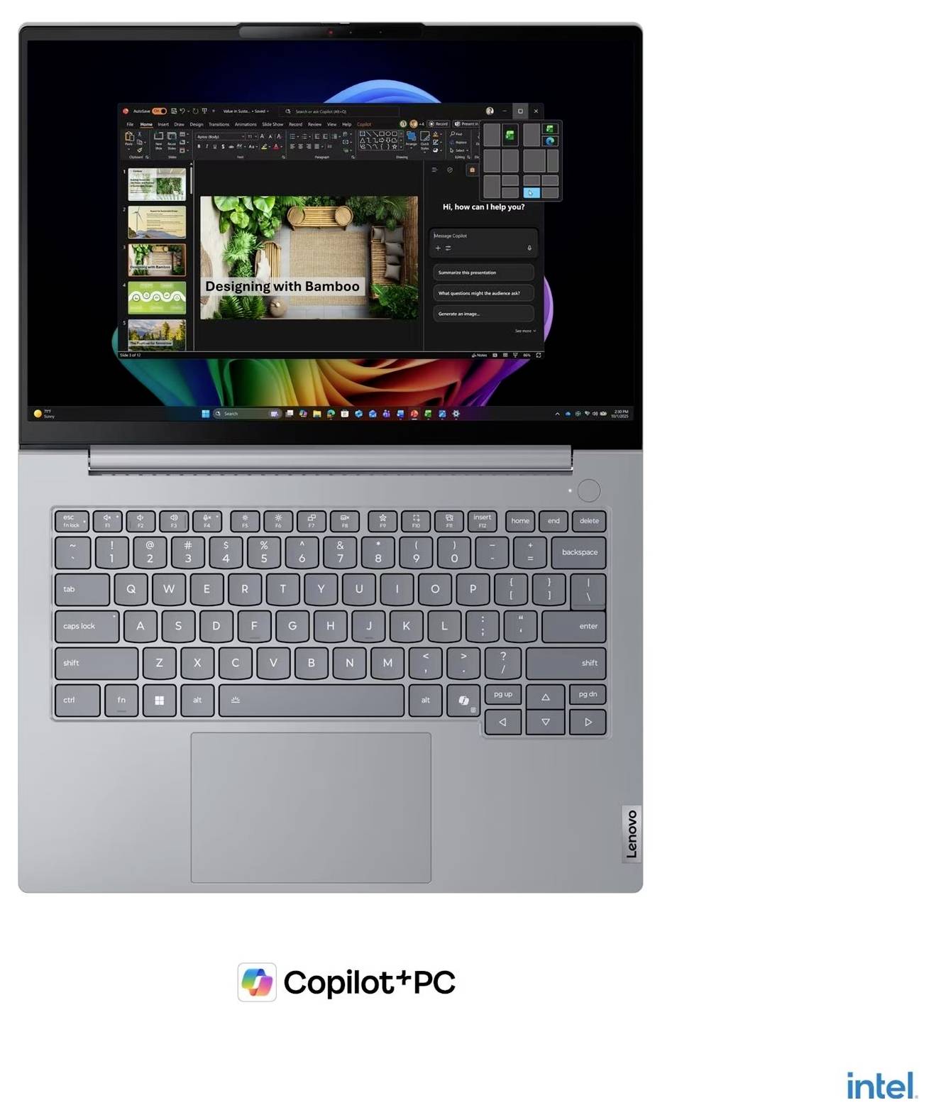 Silber-farbener Lenovo-Laptop mit Windows-Desktop und Präsentationsbearbeitungs-App auf dem Bildschirm, dargestellt über „Copilot+ PC