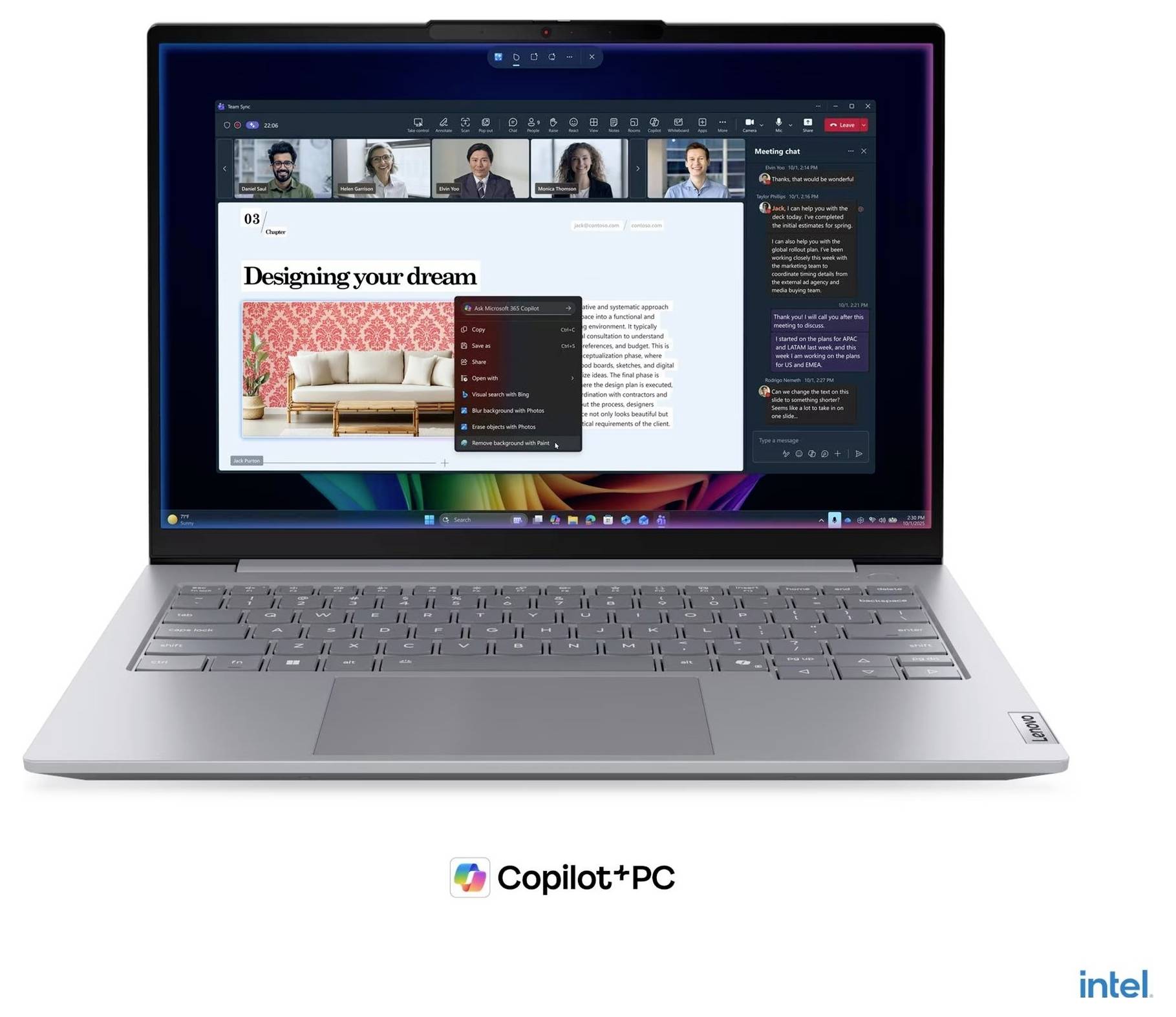 Silberner Laptop mit einer Copilot+ PC-Oberfläche, auf der ein Videotreffen und eine Webseite mit dem Titel „Gestalten Sie Ihren Traum