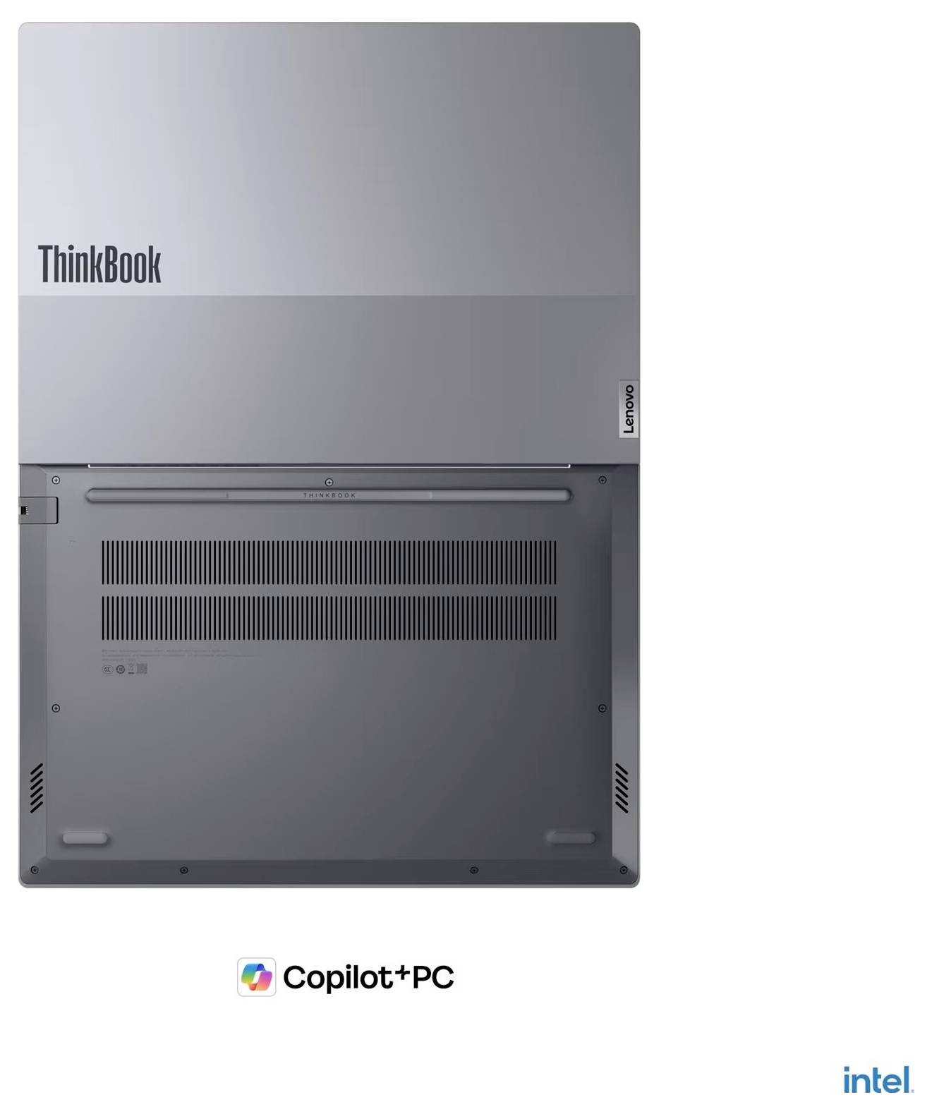 Rückansicht eines Lenovo ThinkBook-Laptops mit den Logos 