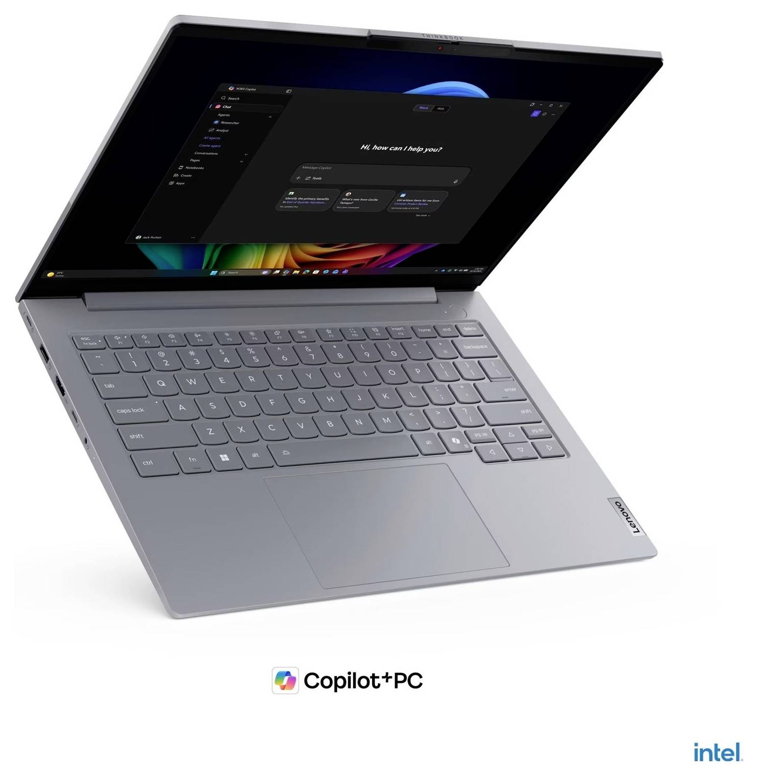 Öffnen Sie einen Lenovo-Laptop im Zeltmodus mit einem Copilot-Startbildschirm, darunter die Logos von Copilot+ PC und Intel.