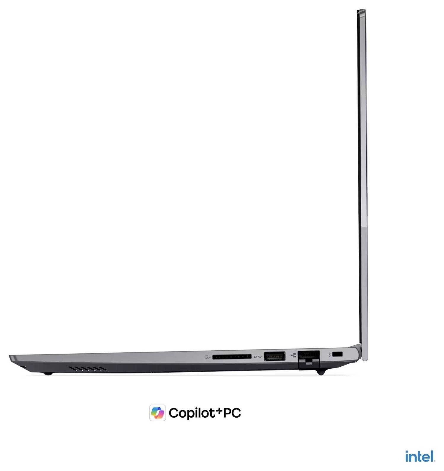 Seitenansicht eines dünnen Laptops mit hochgefahrenem Bildschirm, auf dem Copilot+ PC und Intel-Branding zu sehen sind.