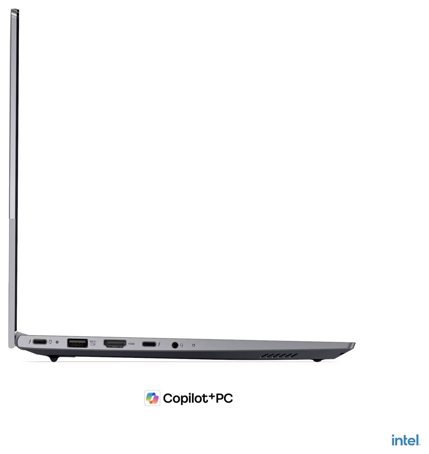 Seitenansicht eines schlanken Laptops mit erhöhtem Display, das Anschlüsse entlang der linken Kante zeigt und die Logos von Copilot+ PC und Intel darunter.